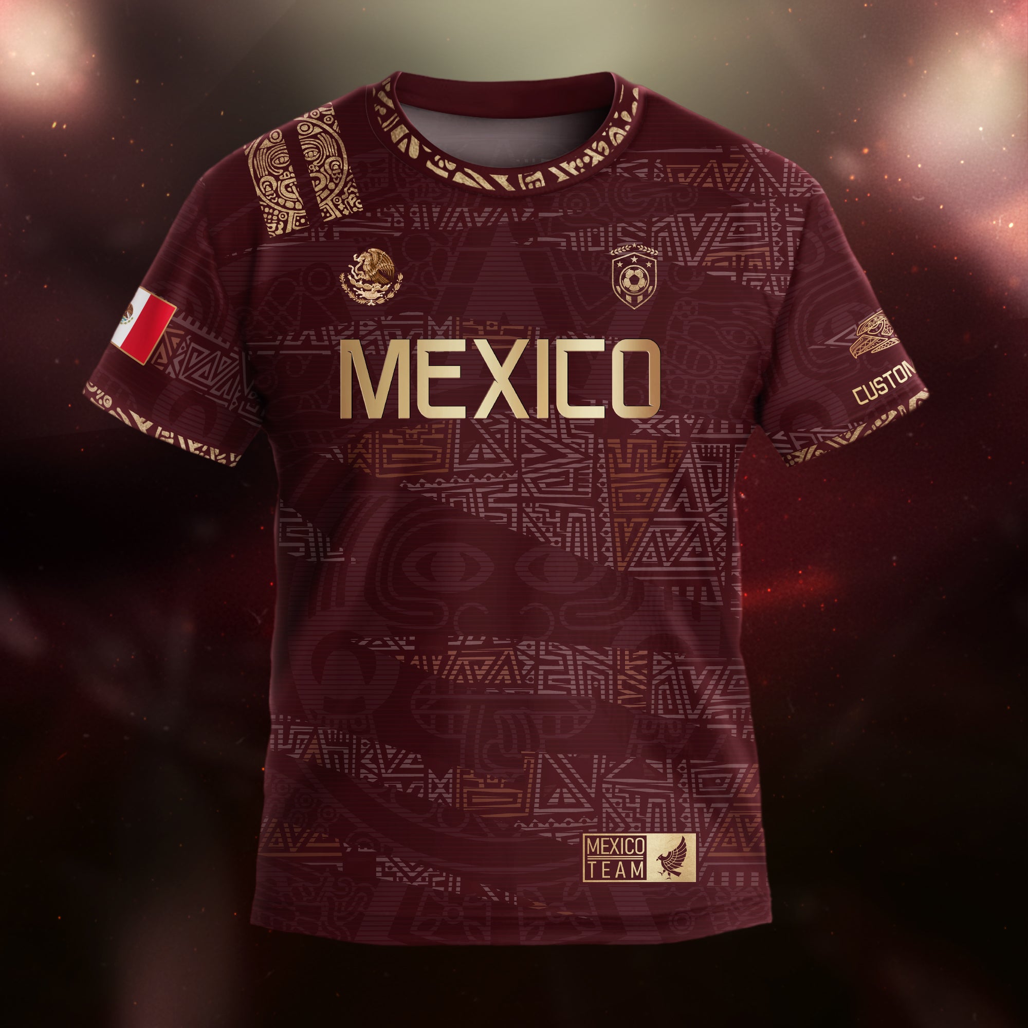 Custom Mexico Kids Soccer Jersey Burgundy Gold Team Edition with Aztec Pattern Design
