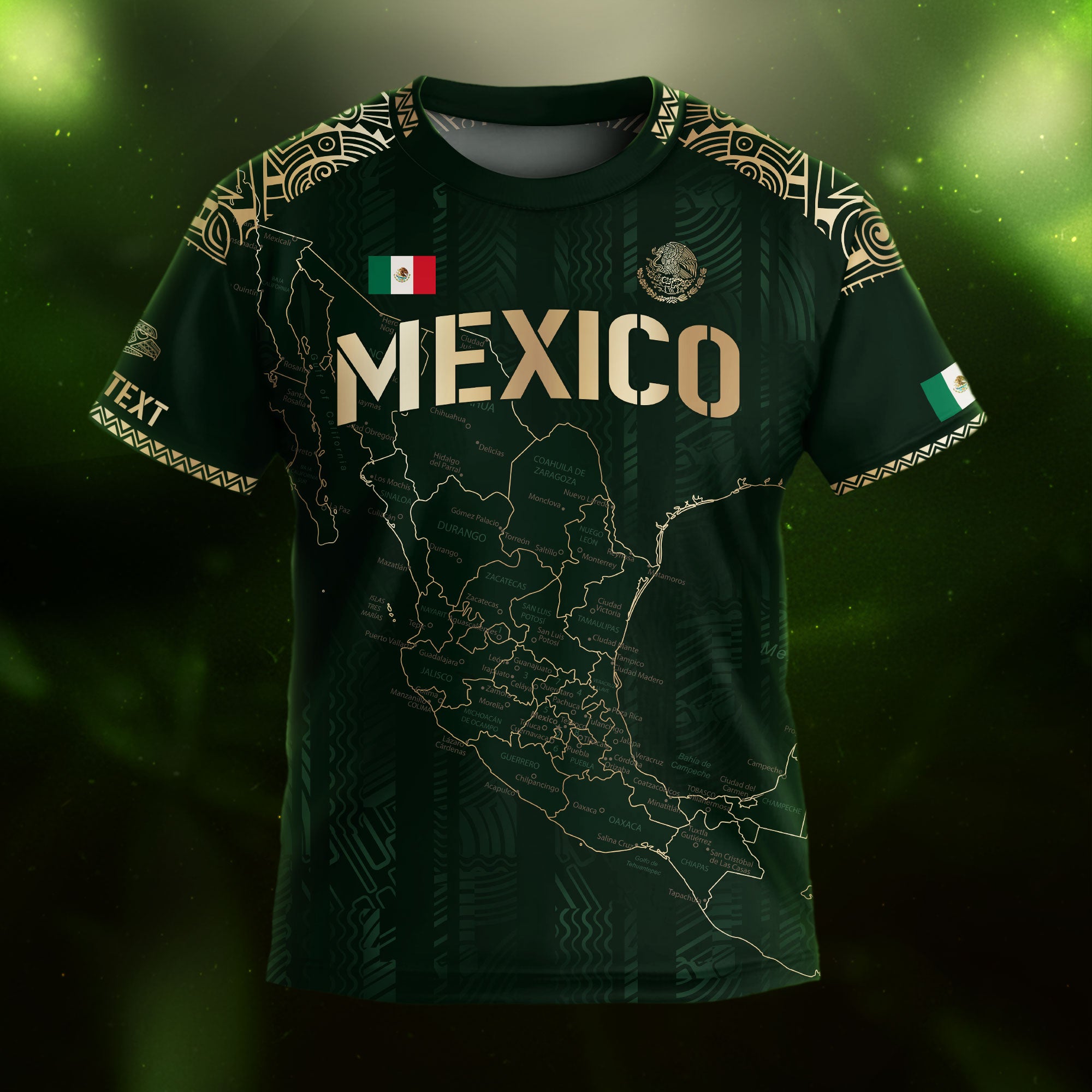 Custom Mexico Kids Soccer Jersey Green Gold Heritage Map Design