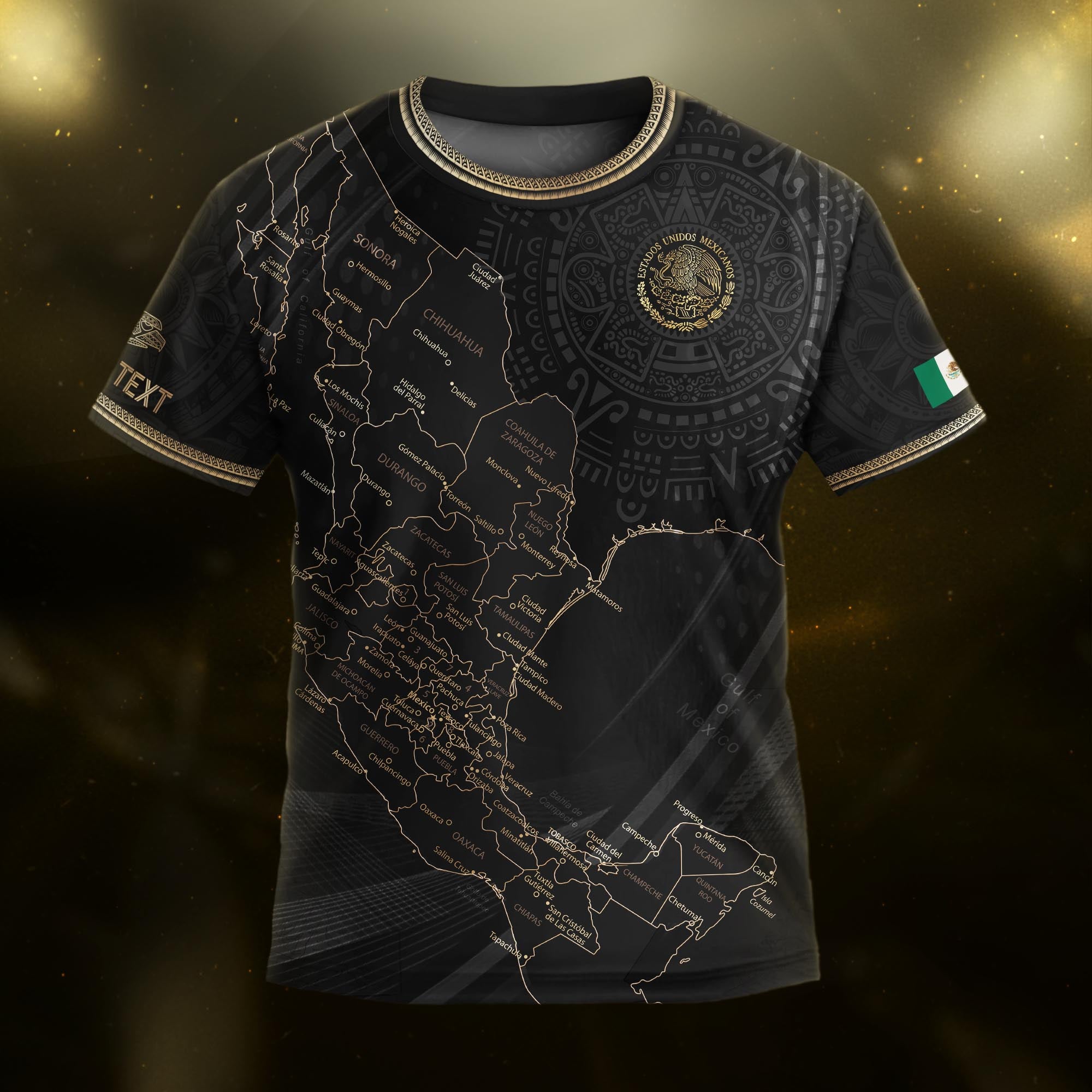 Custom Mexico Kids Soccer Jersey Black Gold Heritage Map Design