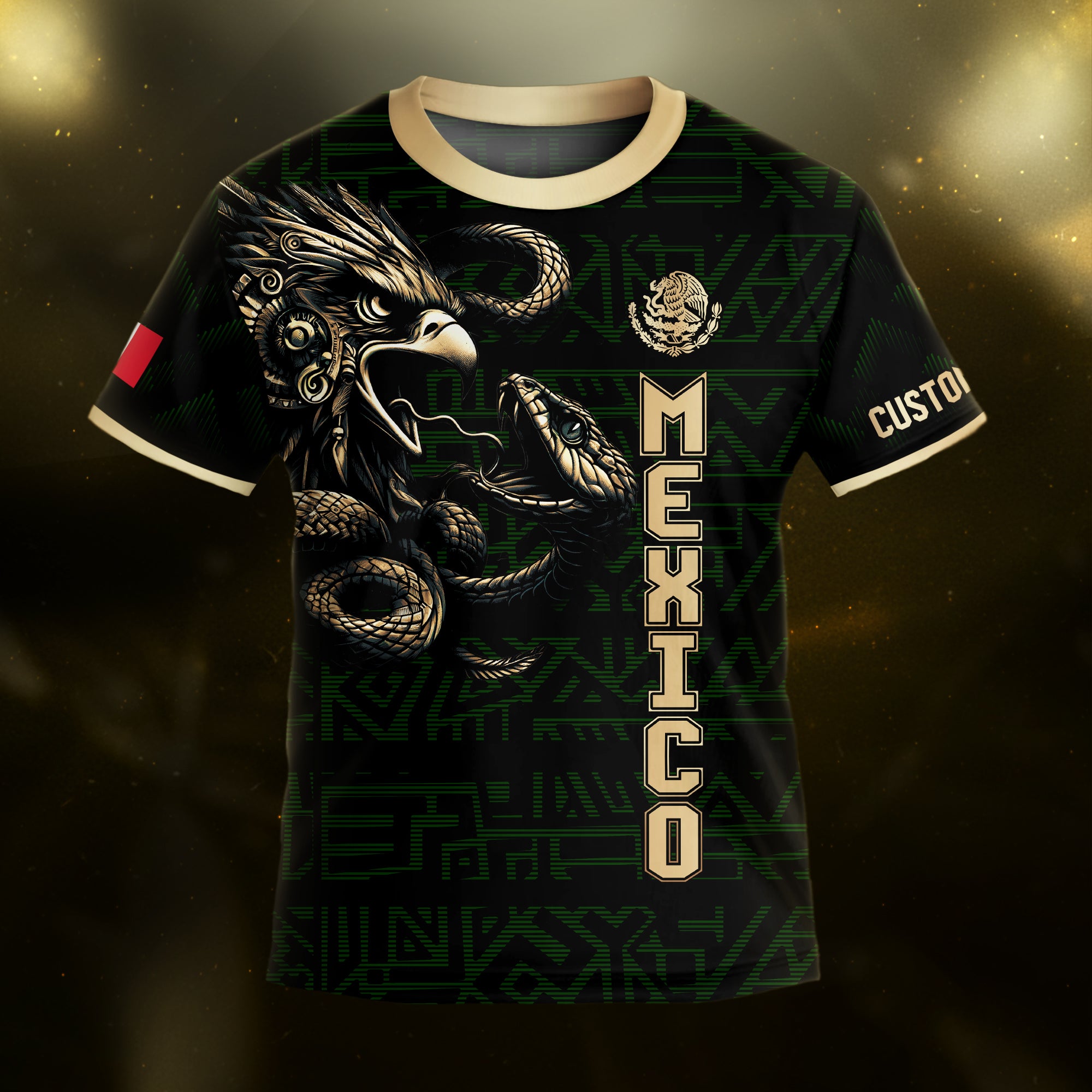 Custom Mexico Kids Soccer Jersey Black Gold Aztec Eagle & Serpent Design