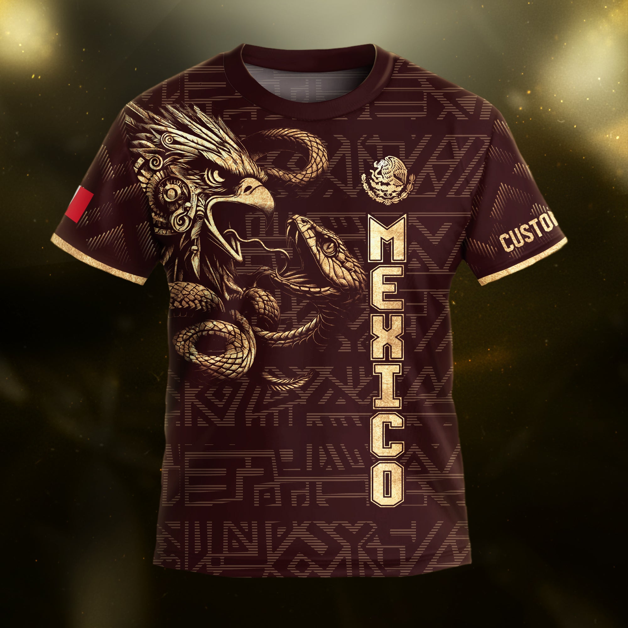 Custom Mexico Kids Soccer Jersey Burgundy Gold Aztec Eagle & Serpent Design