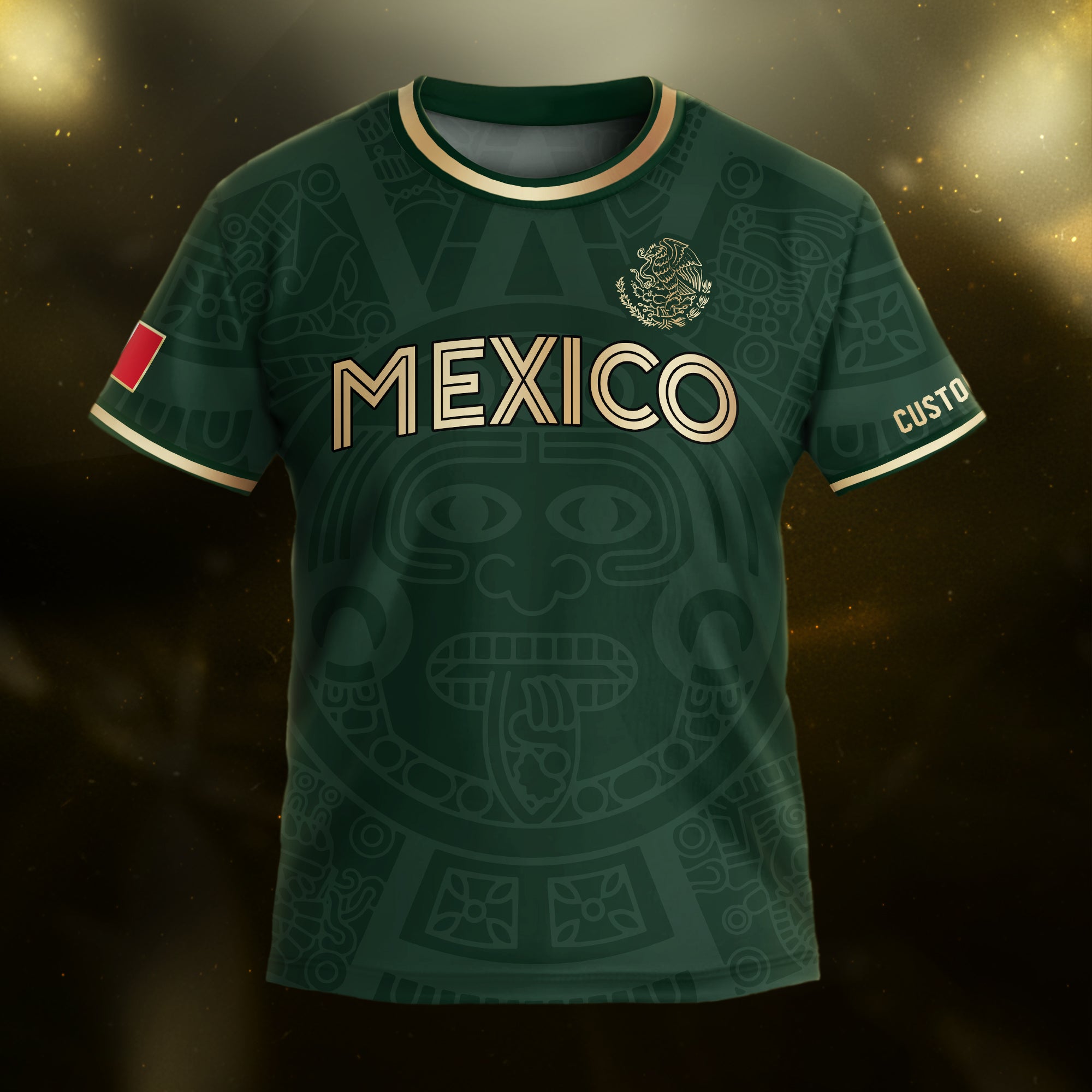 Custom Mexico Kids Soccer Jersey Green Gold Aztec Calendar Heritage Design