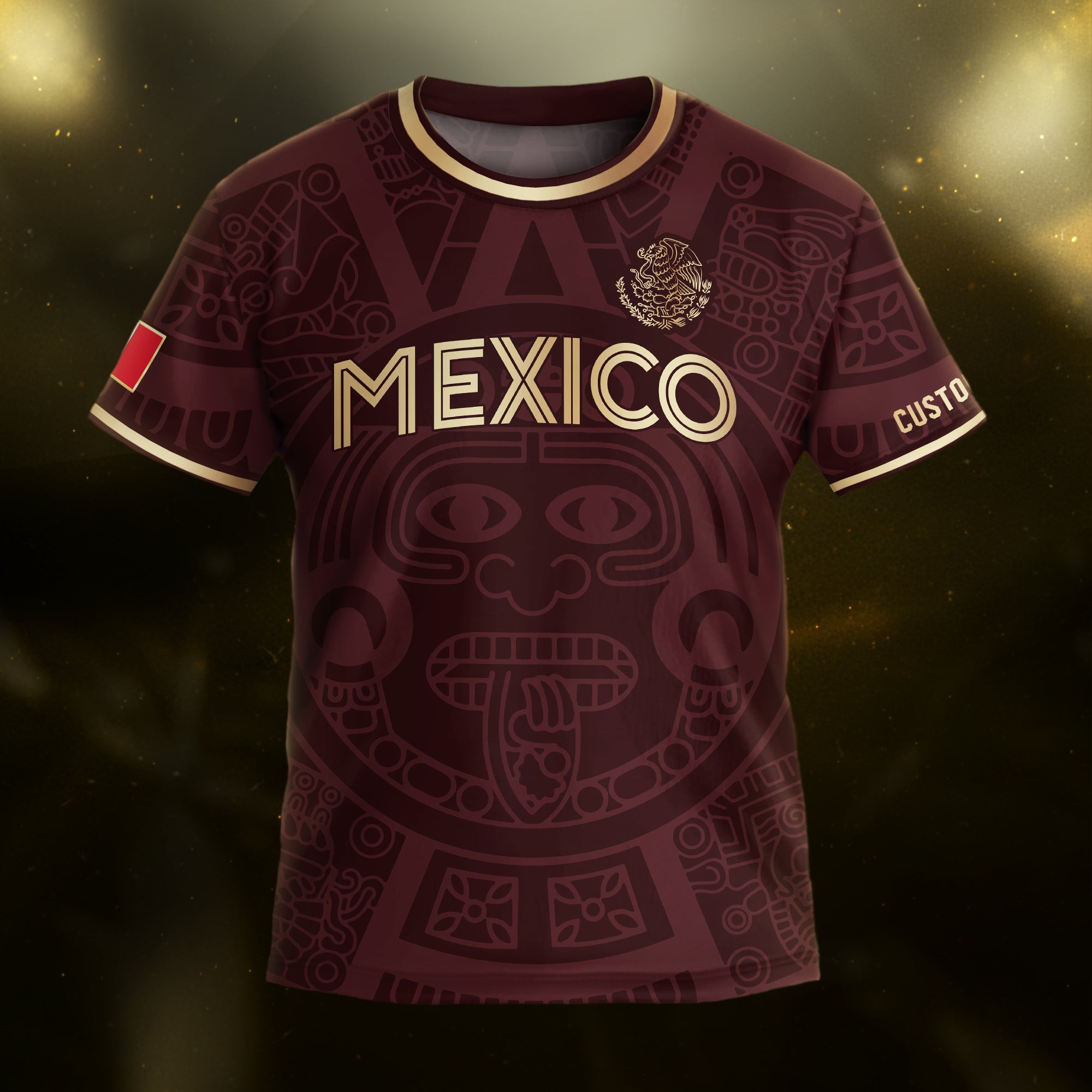 Custom Mexico Kids Soccer Jersey Burgundy Gold Aztec Calendar Heritage Design