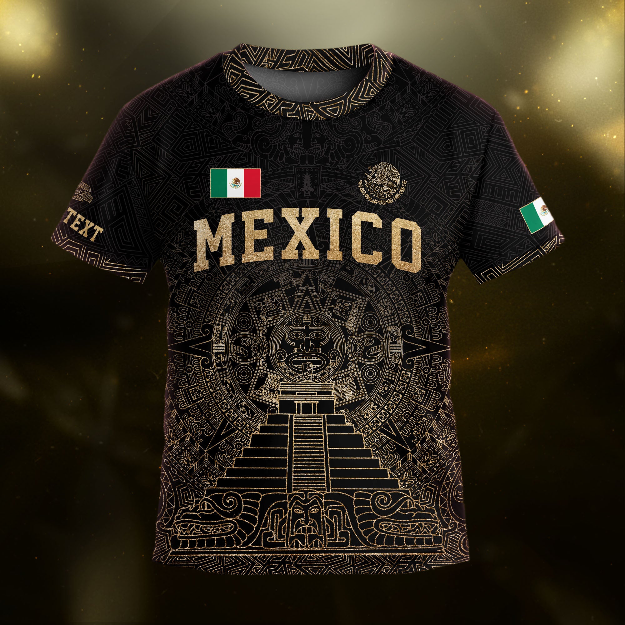 Custom Kids Mexico Soccer Jersey Black Gold Aztec Temple Design