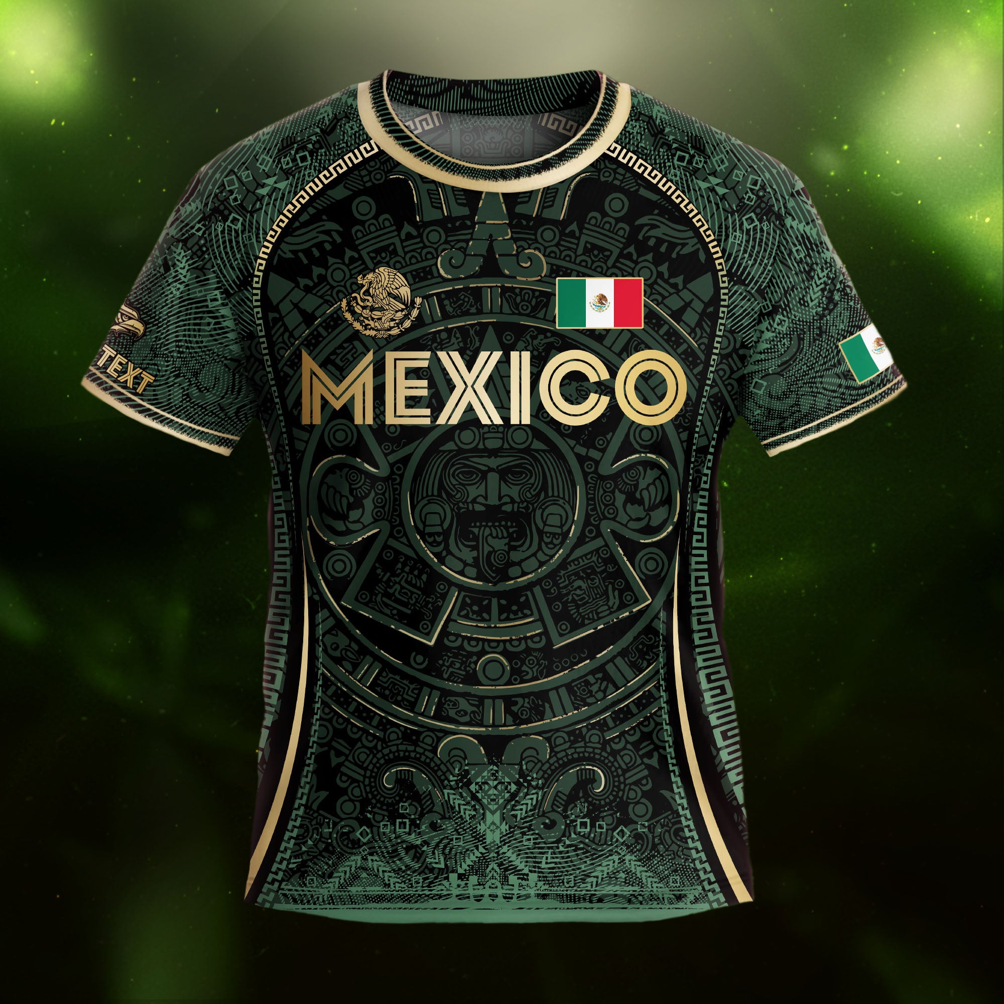 Custom Kids Mexico Soccer Jersey Dark Green Gold Aztec Calendar Design