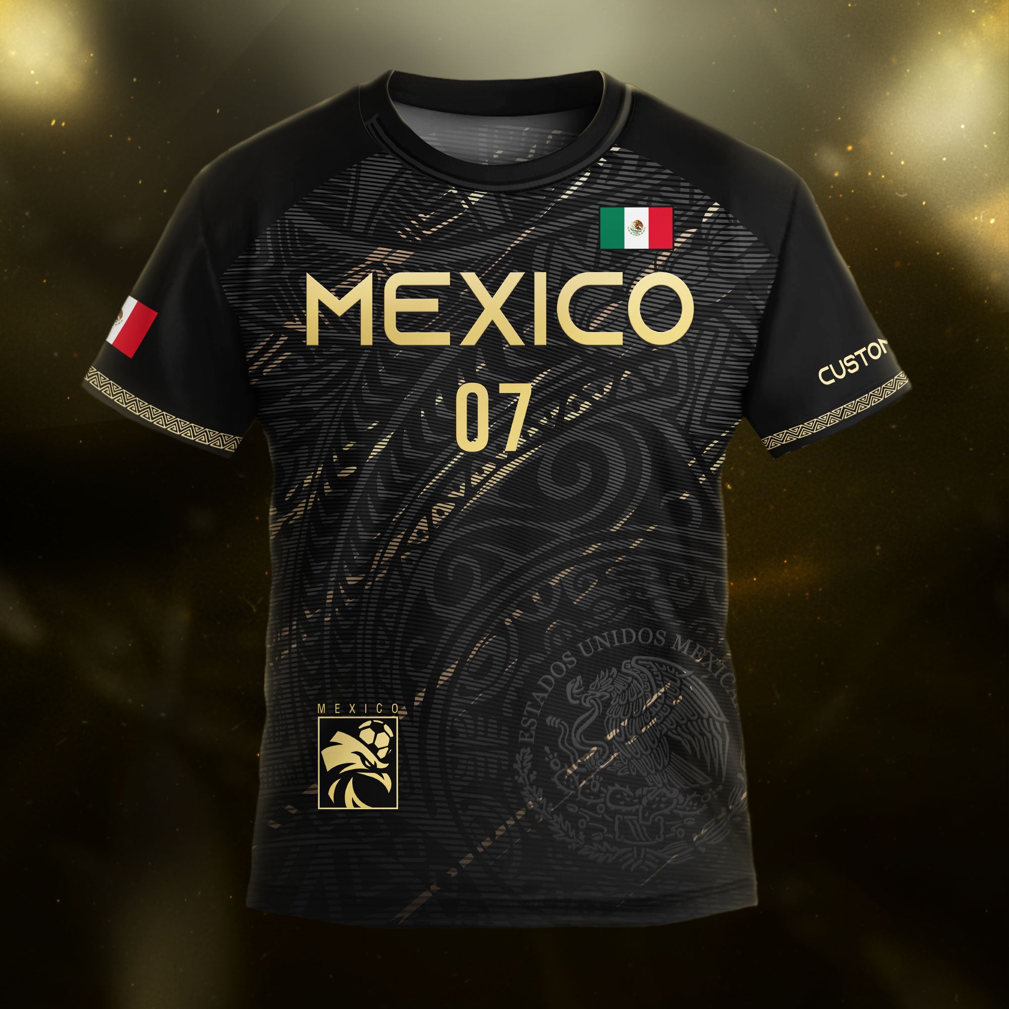 Custom Kids Mexico Soccer Jersey Black Gold Heritage Pattern Design