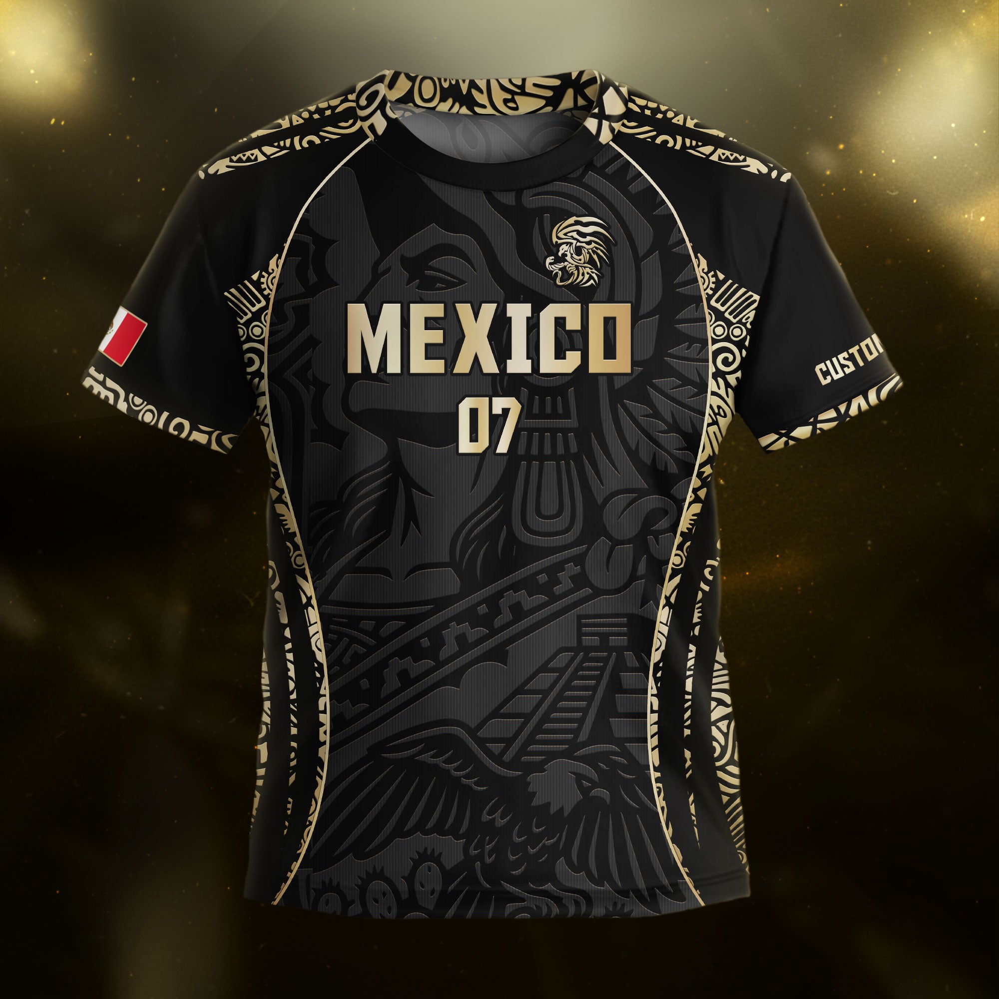 Custom Kids Mexico Soccer Jersey Black Gold Aztec Eagle Design