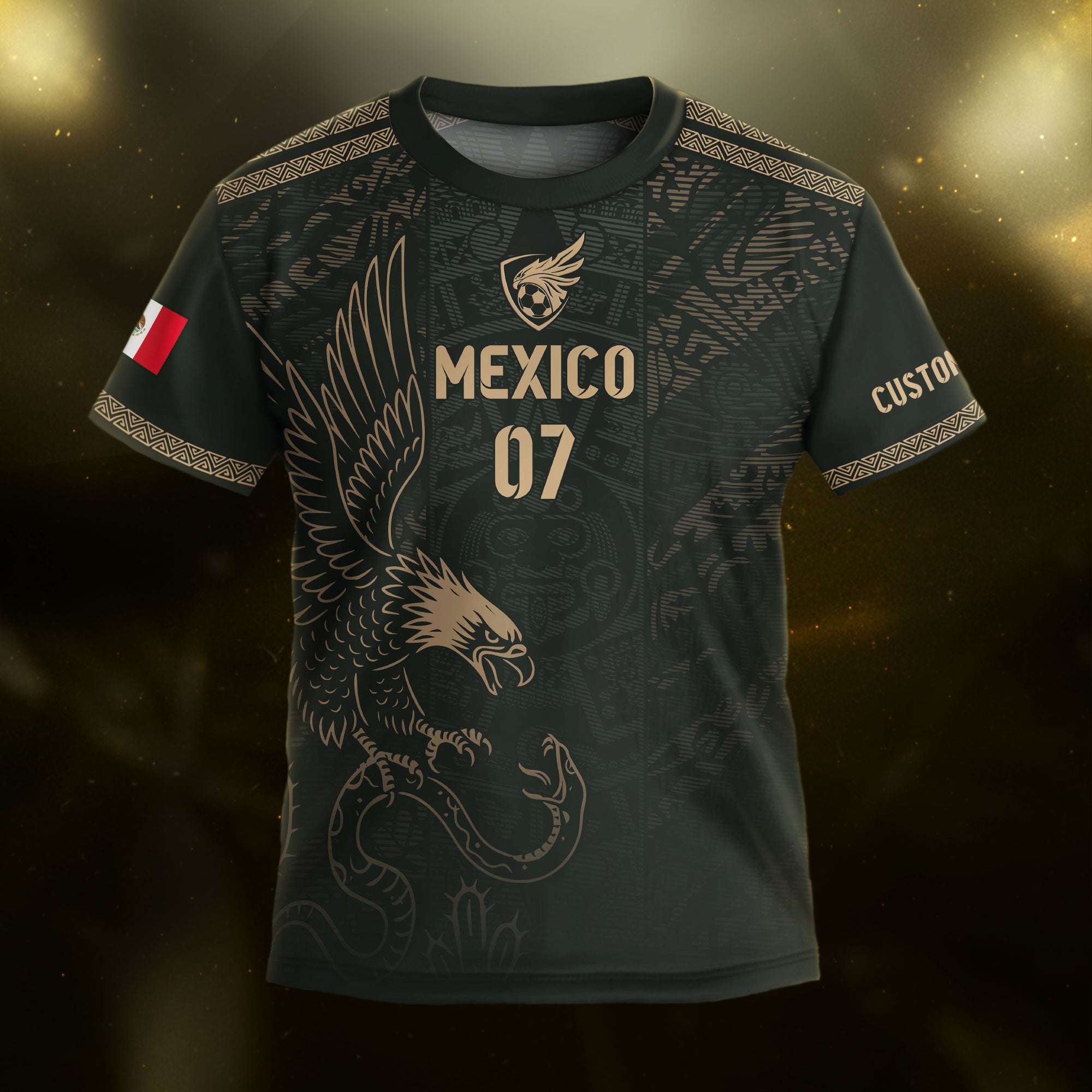 Custom Kid Mexico Black Aztec Eagle Heritage Soccer Jersey