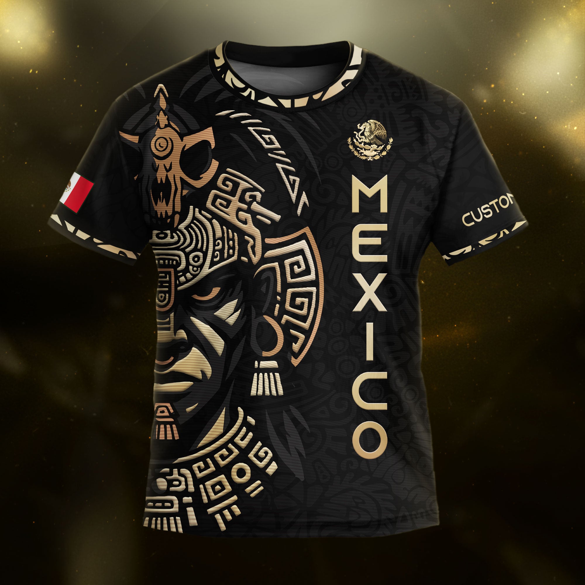 Custom Kid Mexico Aztec Warrior Heritage Black Gold Soccer Jersey