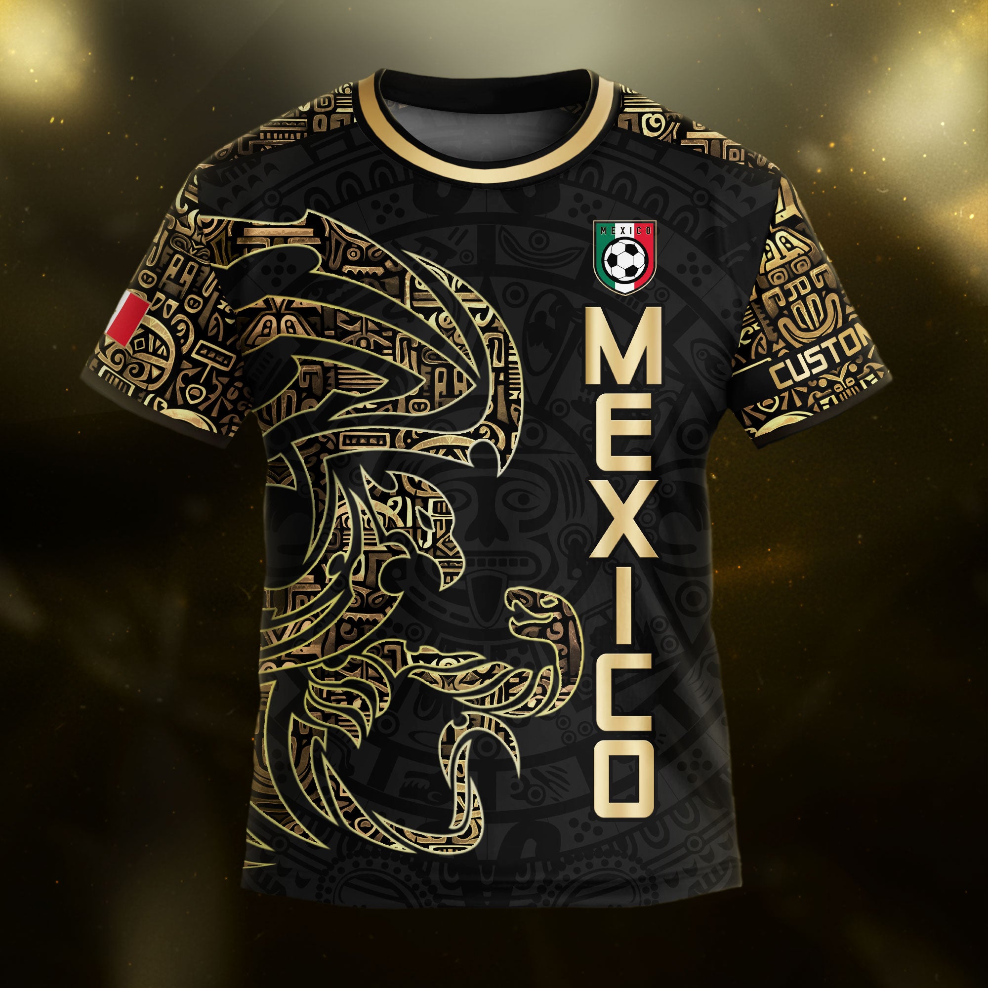 Custom Kid Mexico Black Gold Aztec Eagle Heritage Soccer Jersey