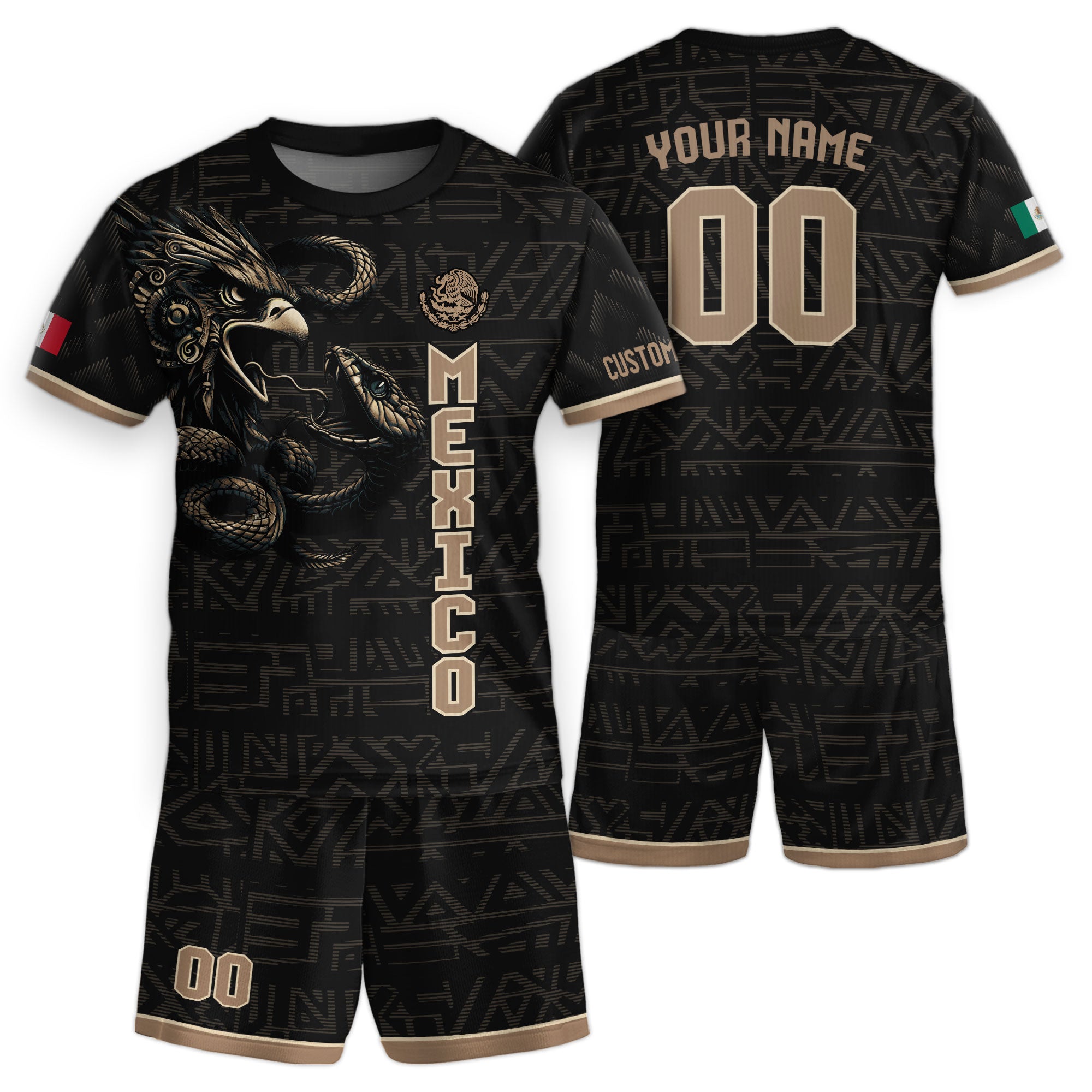 Custom Mexico Kids Soccer Jersey Black Gold Heritage Eagle Snake