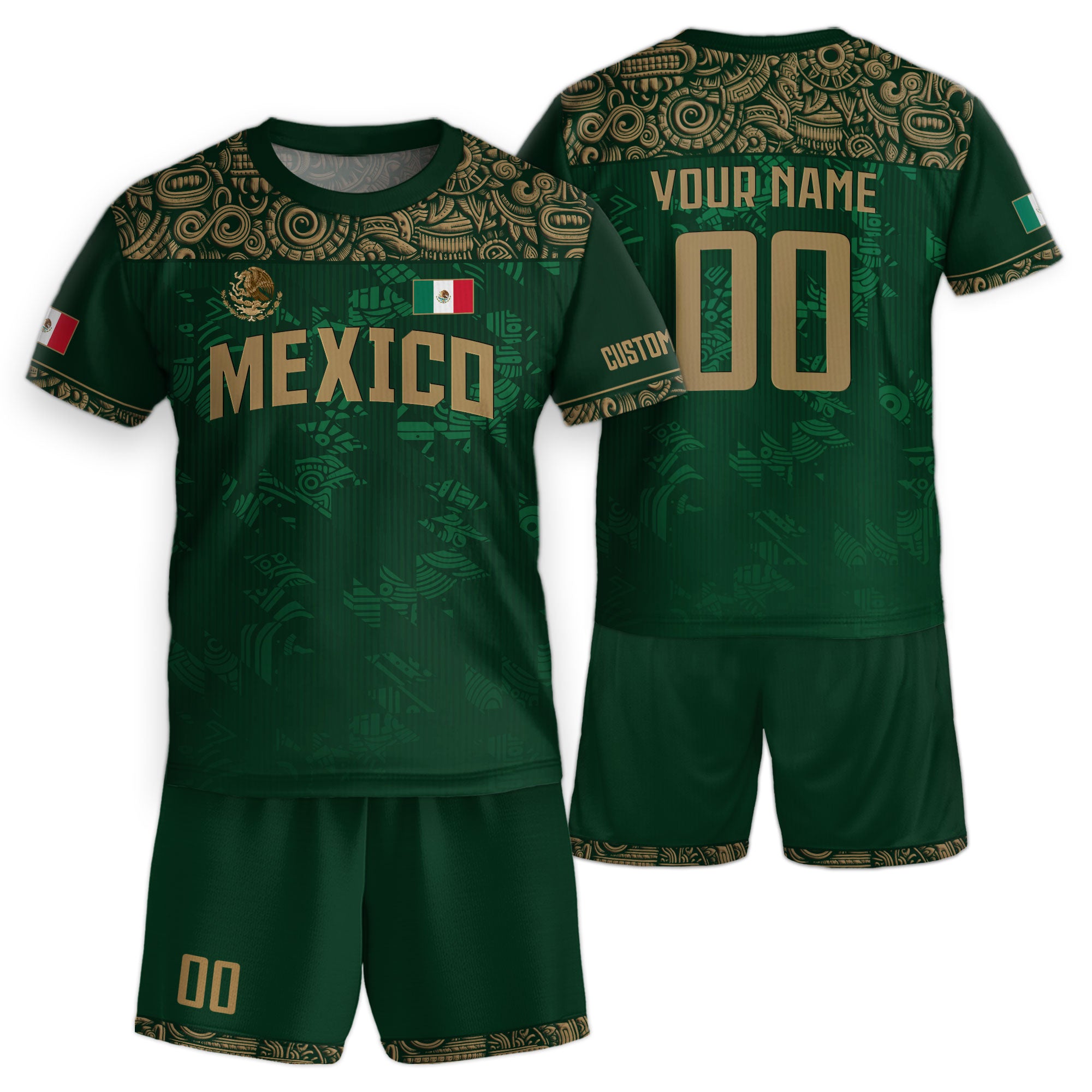 Custom Mexico Kids Soccer Jersey Green Aztec Eagle Edition