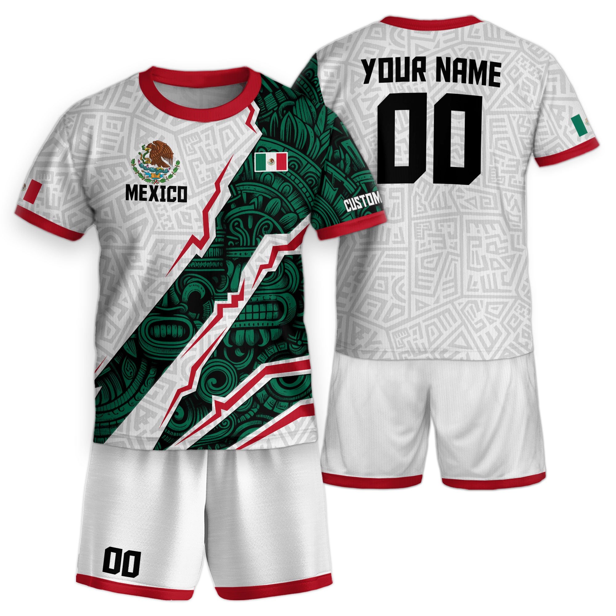 Custom Mexico Kids Soccer Jersey White Green Aztec Design