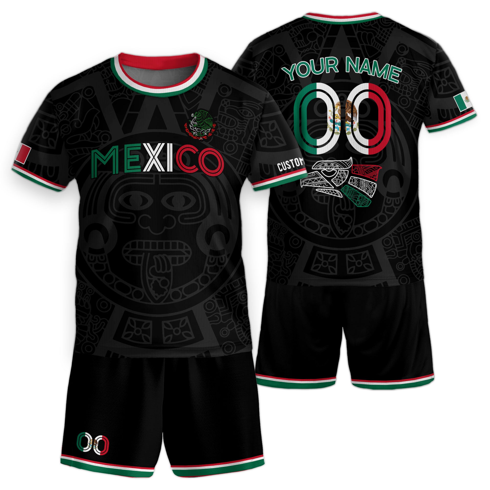 Custom Mexico Kids Soccer Jersey Black Heritage Pattern