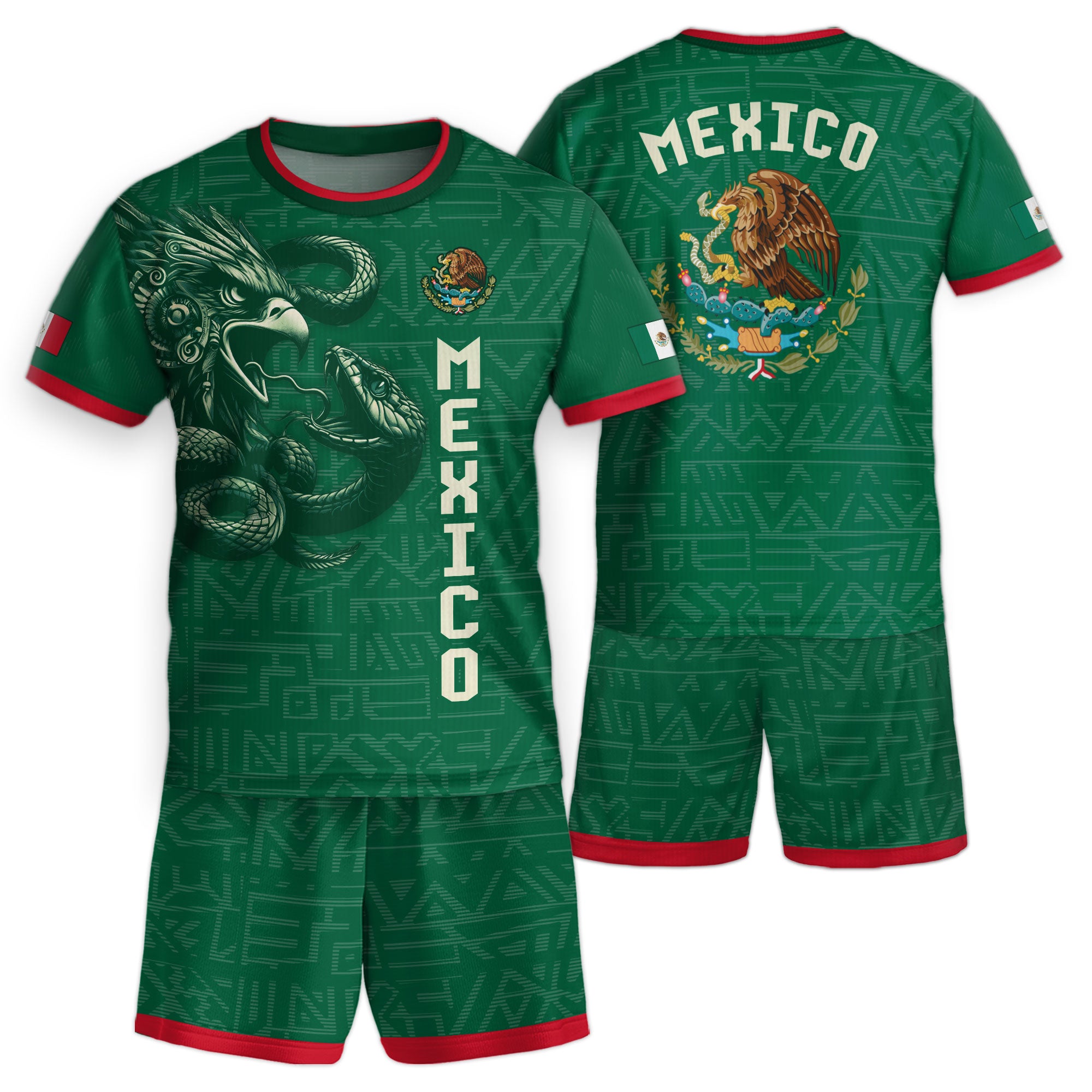 Mexico Kids Soccer Jersey Green Aztec Eagle Serpent Design