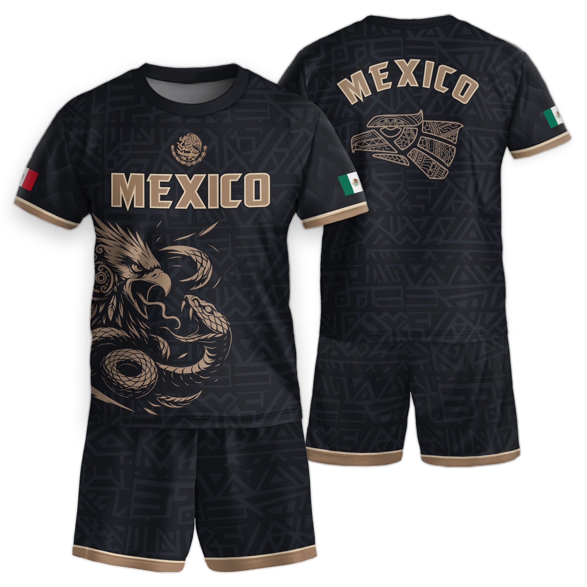Mexico Kids Soccer Jersey Black Gold Aztec Eagle Serpent Design