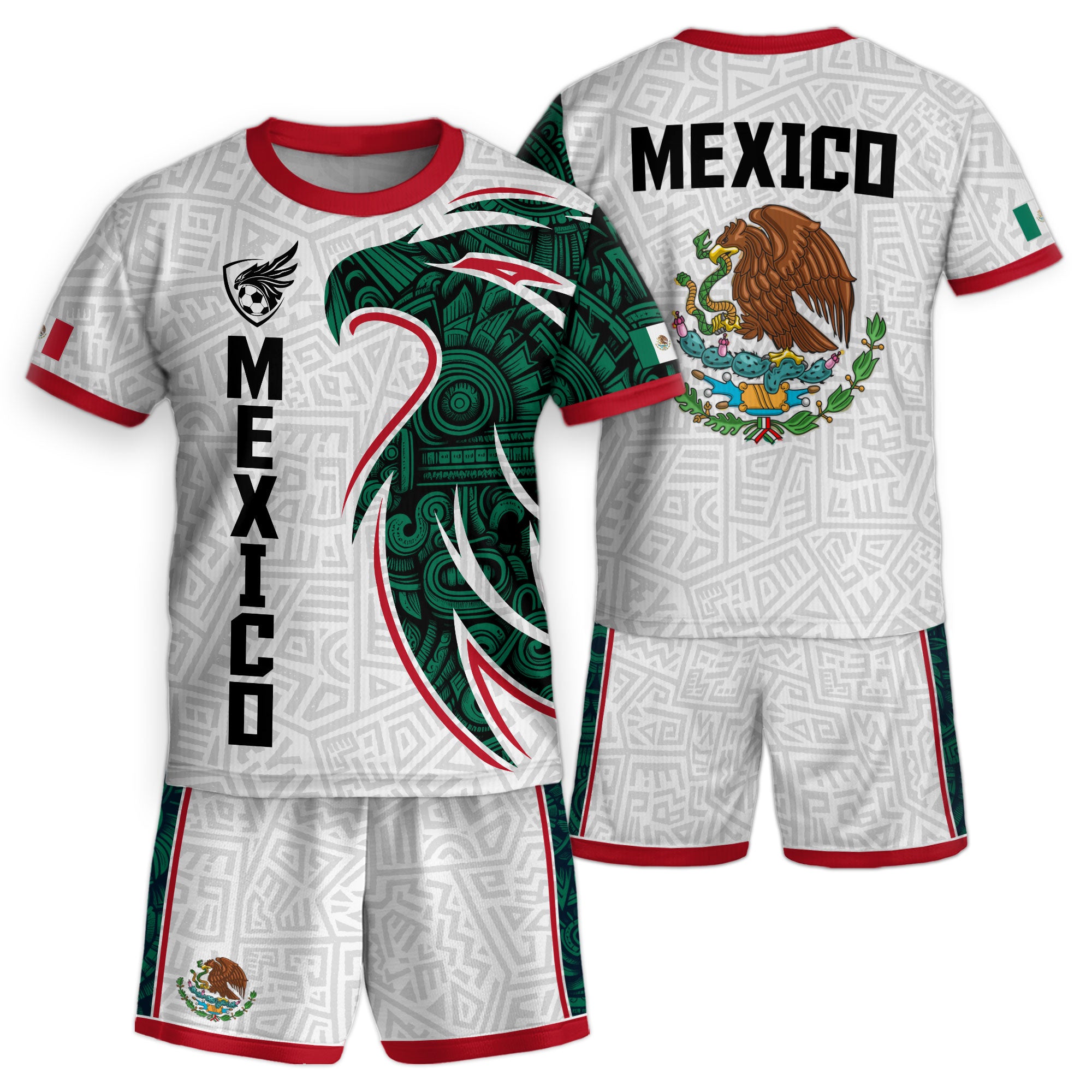 Mexico Kids Soccer Jersey White Green Aztec Eagle Design
