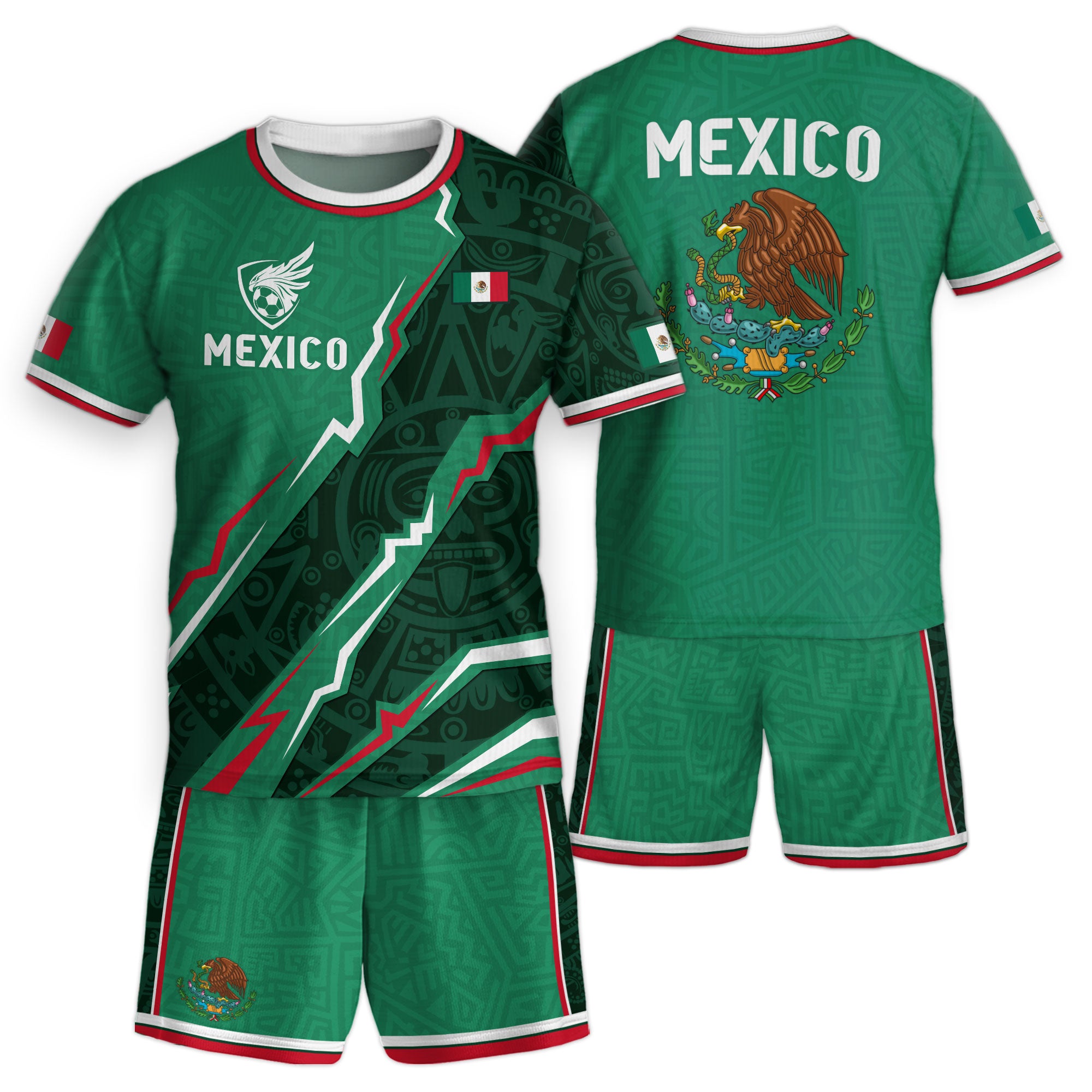 Mexico Kids Soccer Jersey Green Aztec Pattern Crest Design