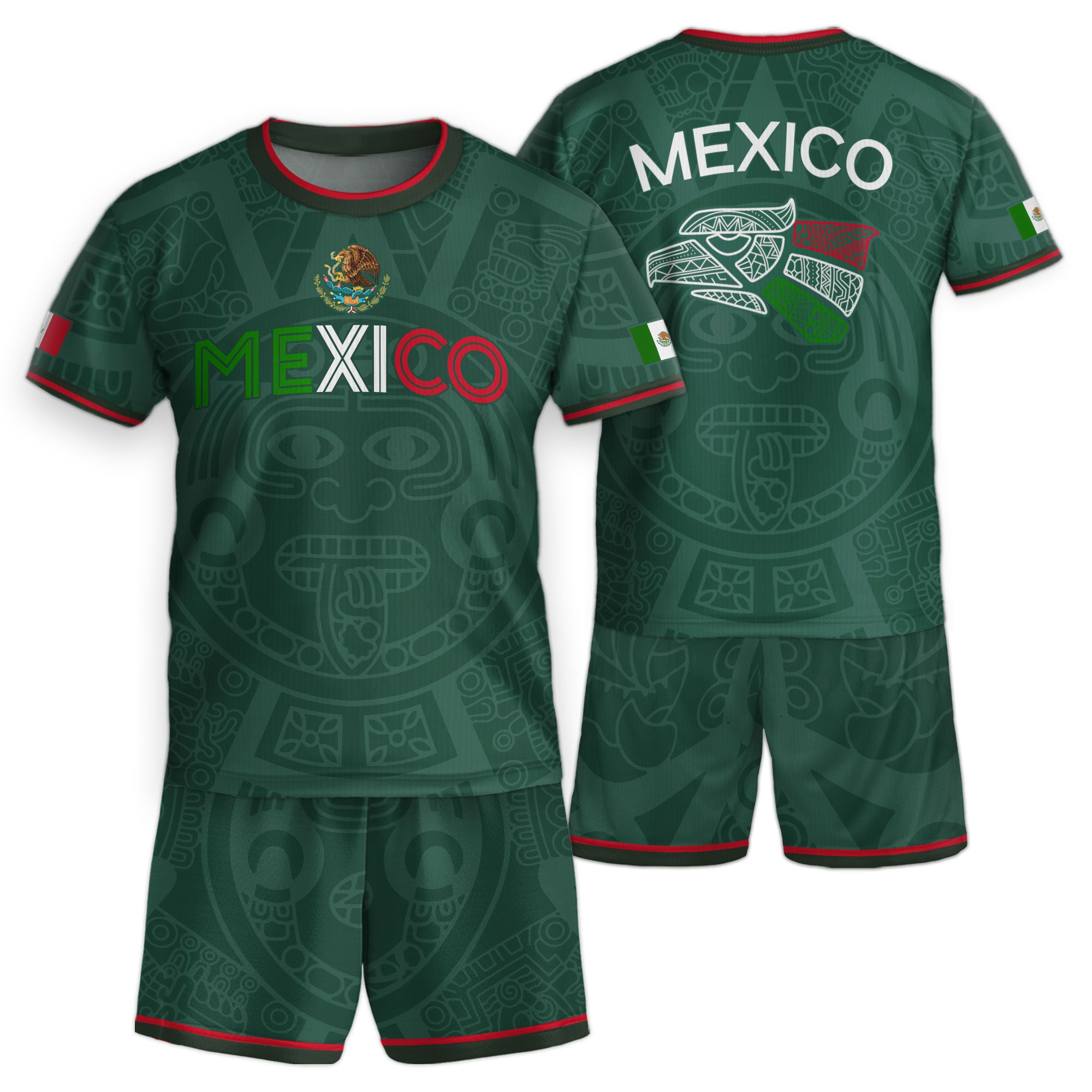 Mexico Kids Soccer Jersey Green Flag Colors Aztec Pattern Design