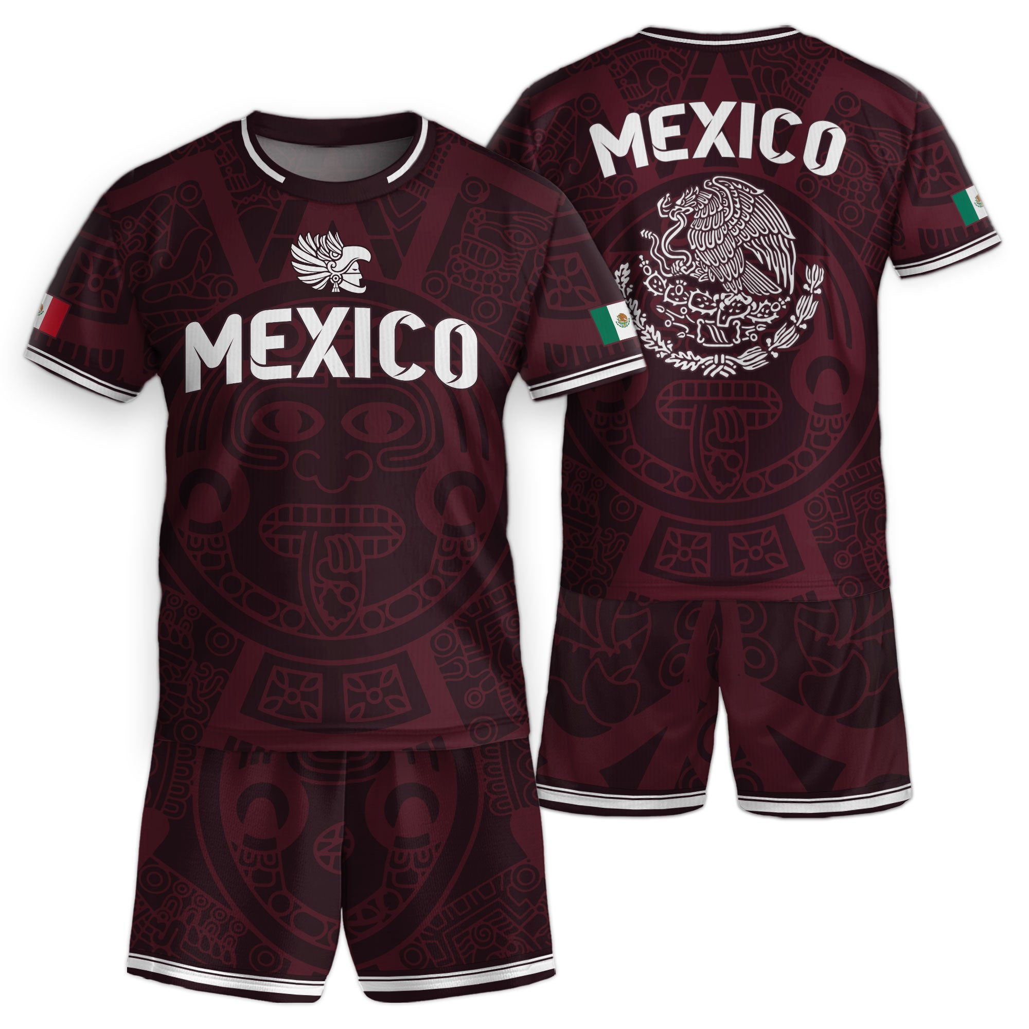 Mexico Kids Soccer Jersey Burgundy Aztec Pattern Crest Design