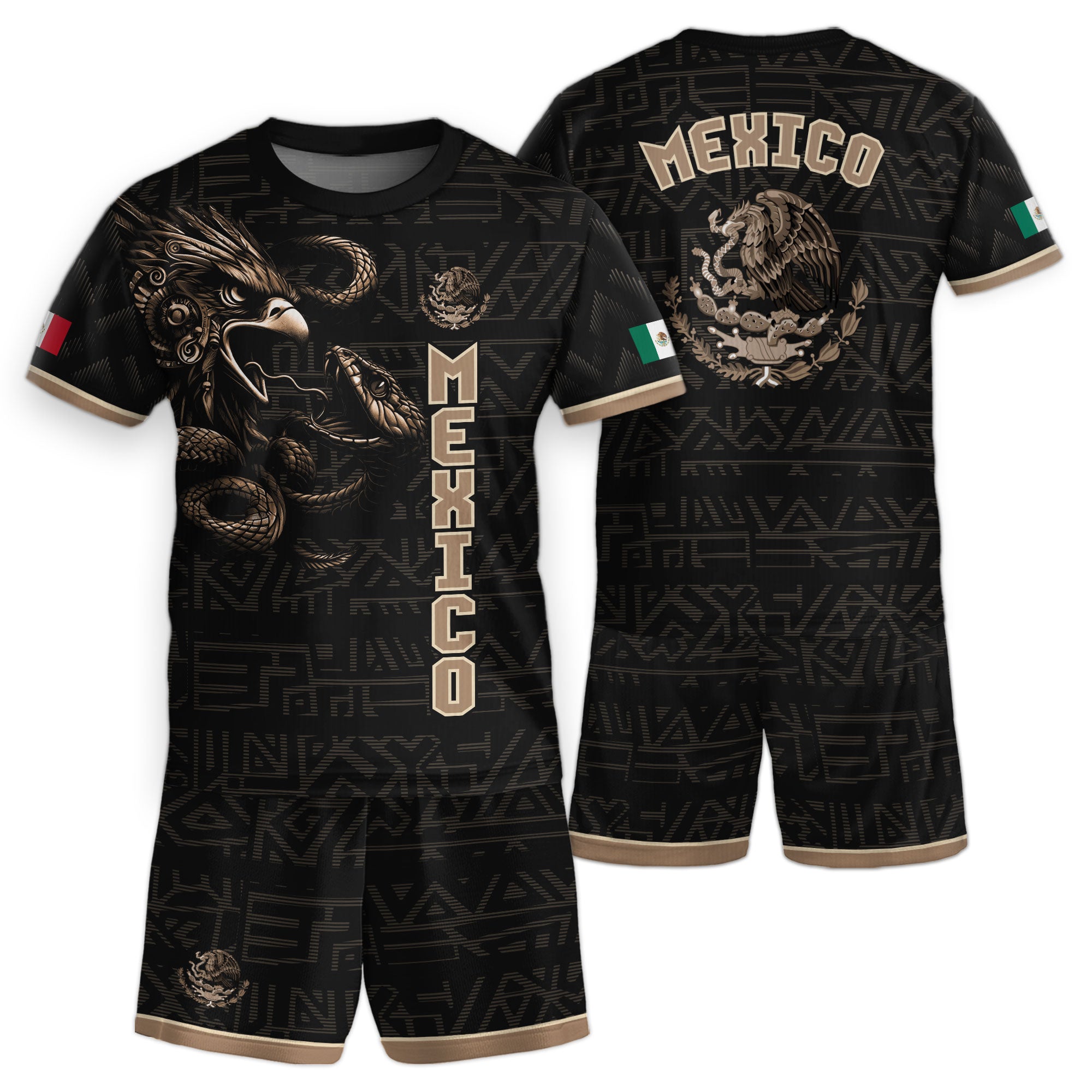 Mexico Kids Soccer Jersey Black Gold Aztec Warrior Eagle Design