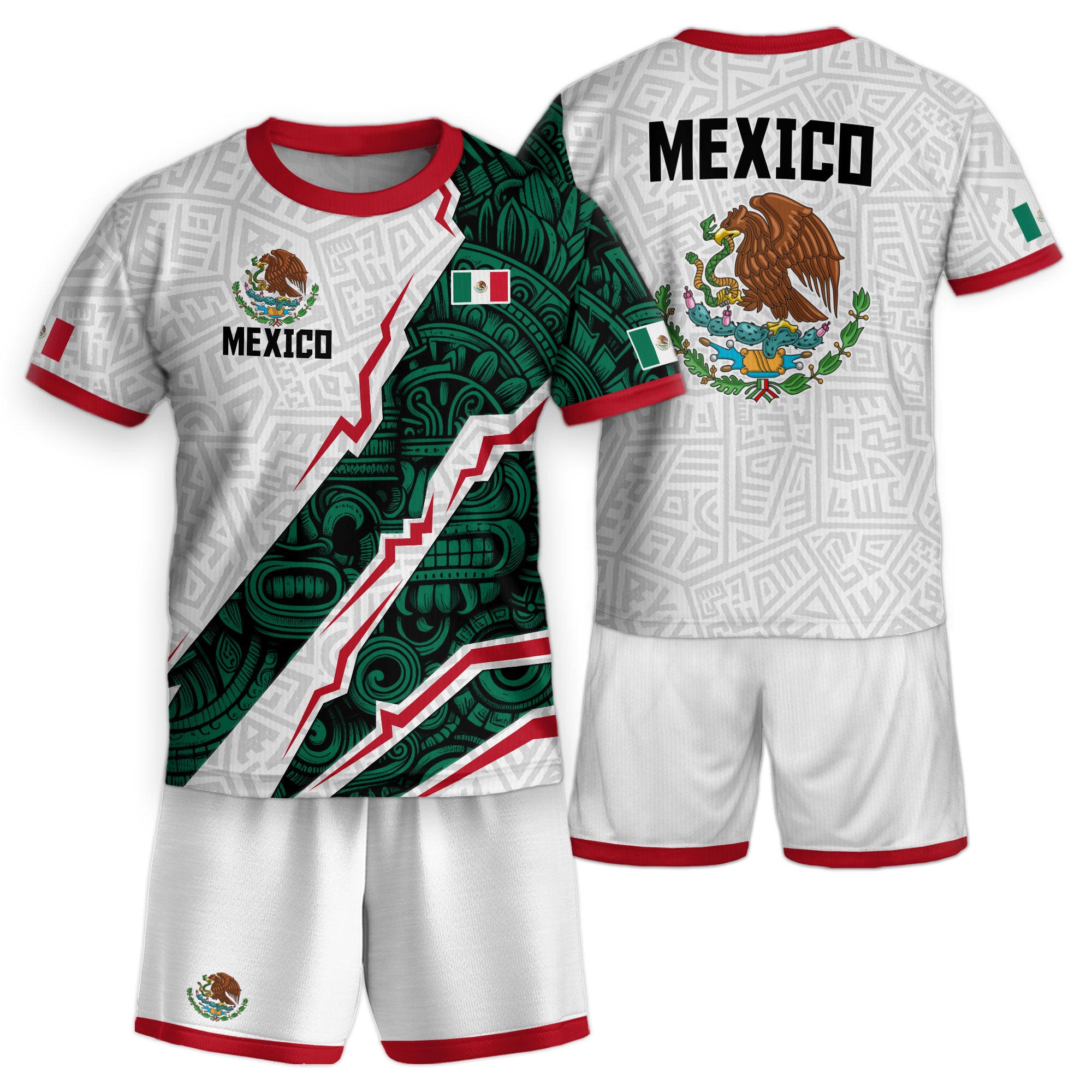 Mexico Kids Soccer Jersey White Green Aztec Pattern Flag Design