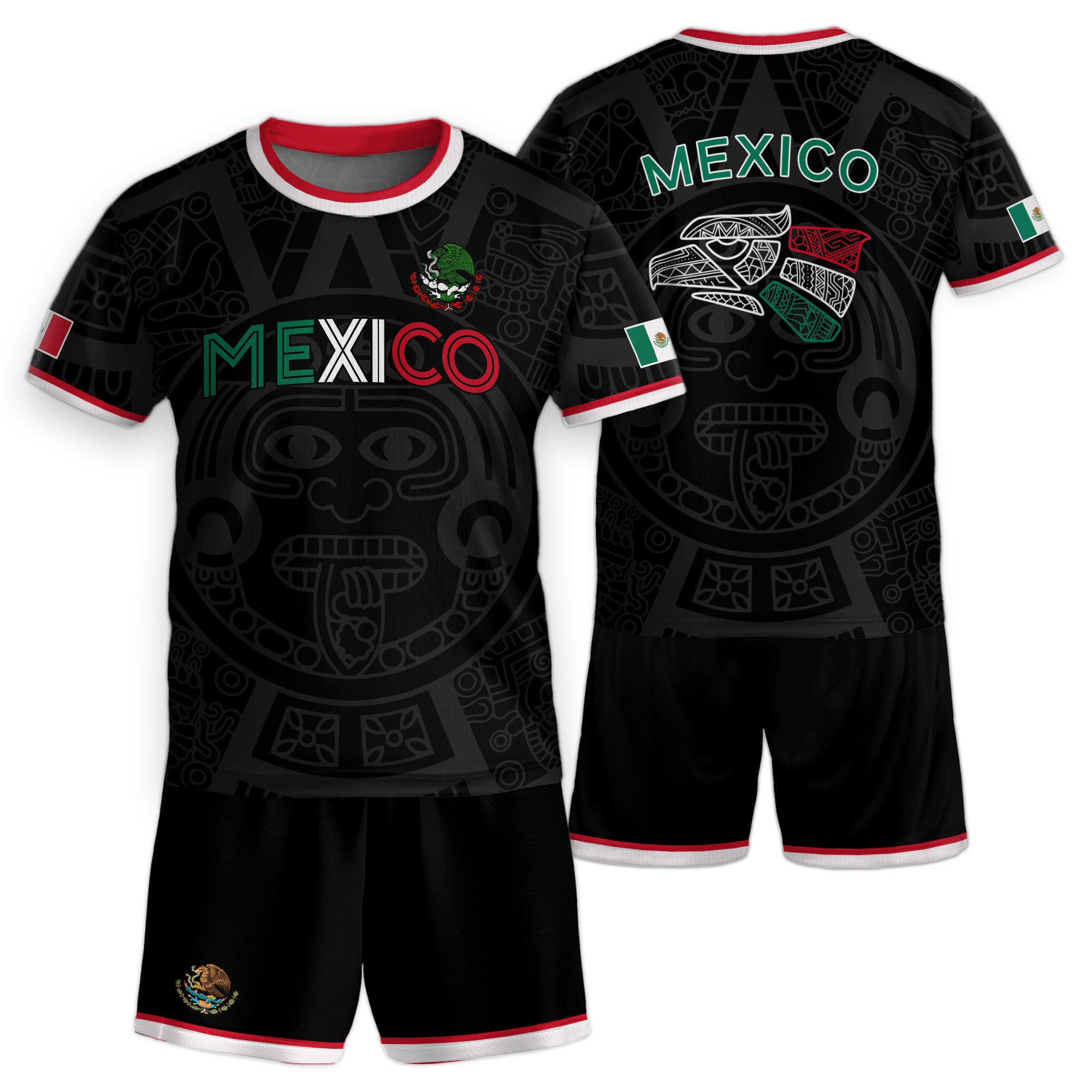 Mexico Kids Soccer Jersey Black Aztec Flag Colors Design