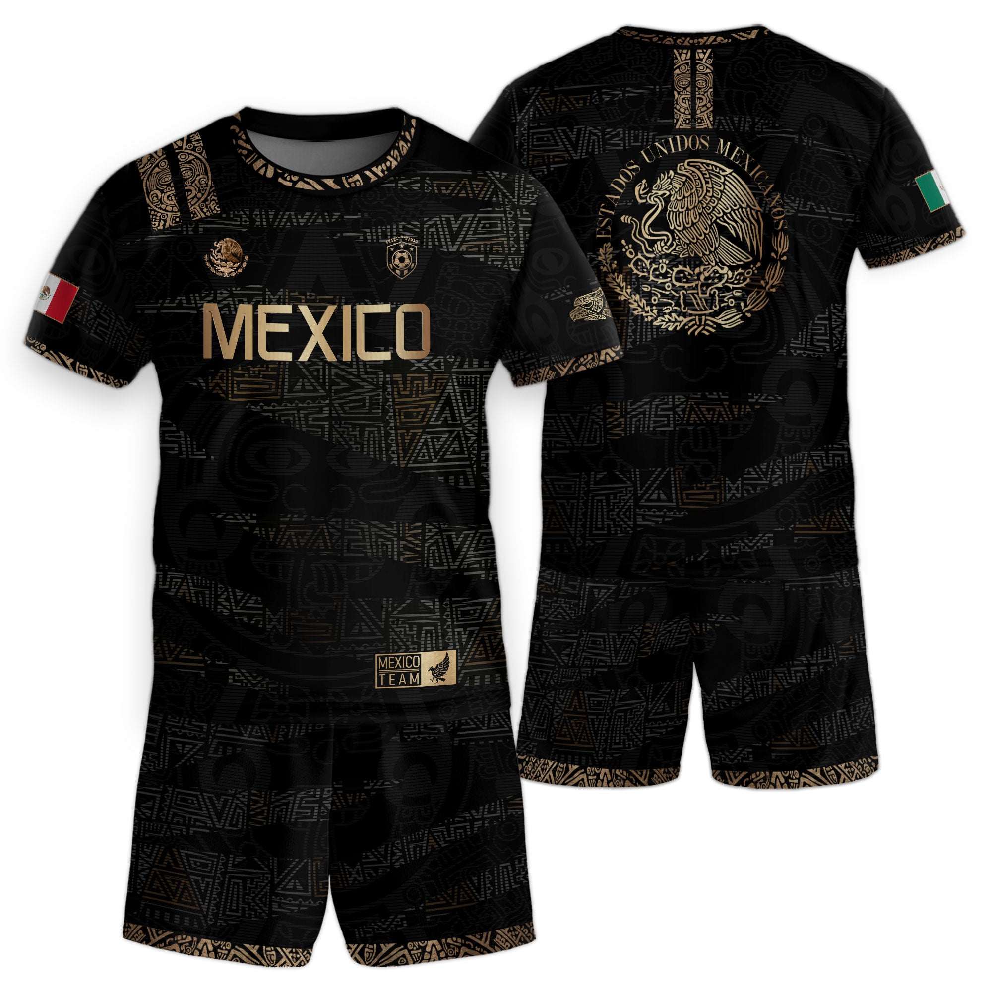 Mexico Kids Soccer Jersey Black Gold Aztec Pattern Crest Design