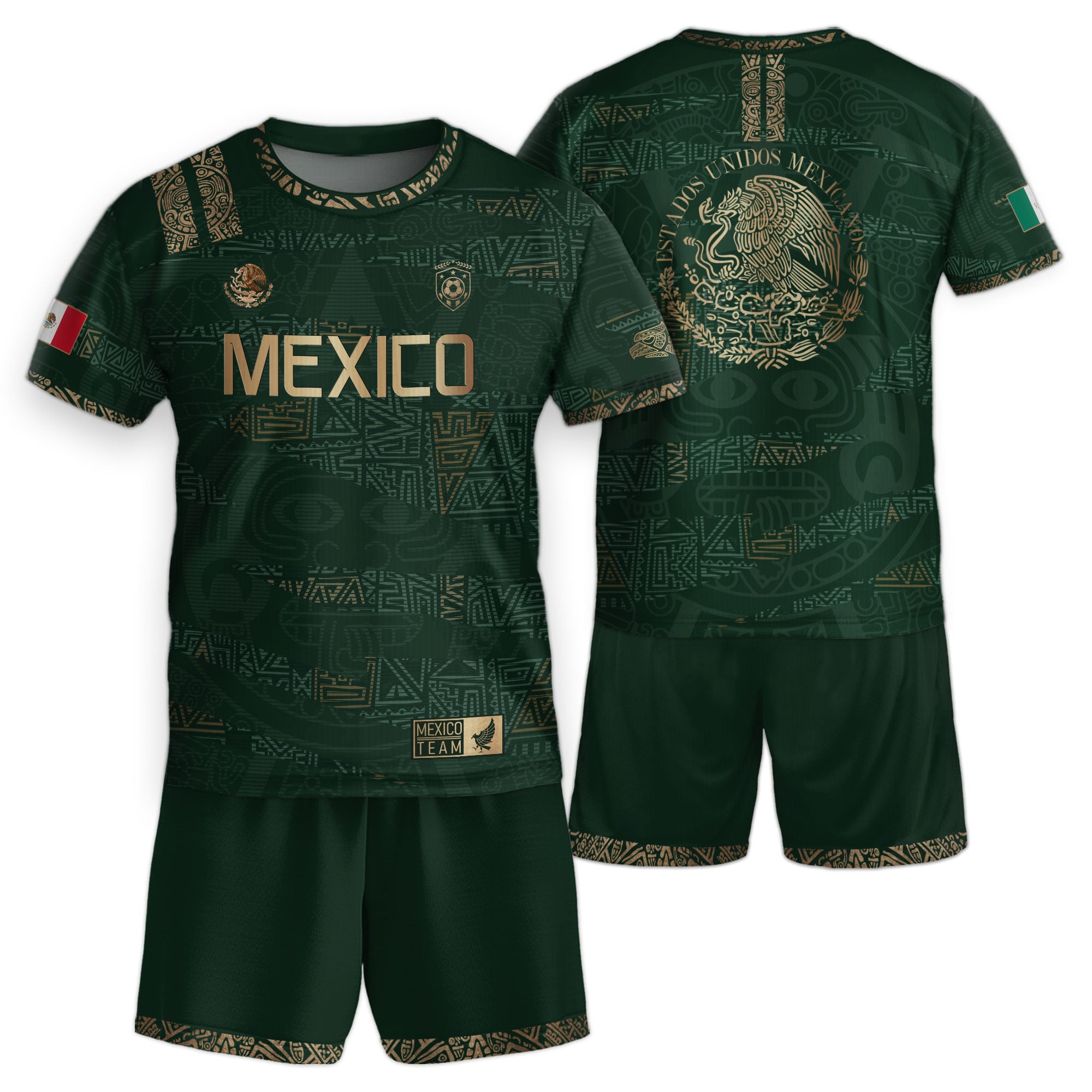 Mexico Kids Soccer Jersey Green Gold Aztec Pattern Crest Design