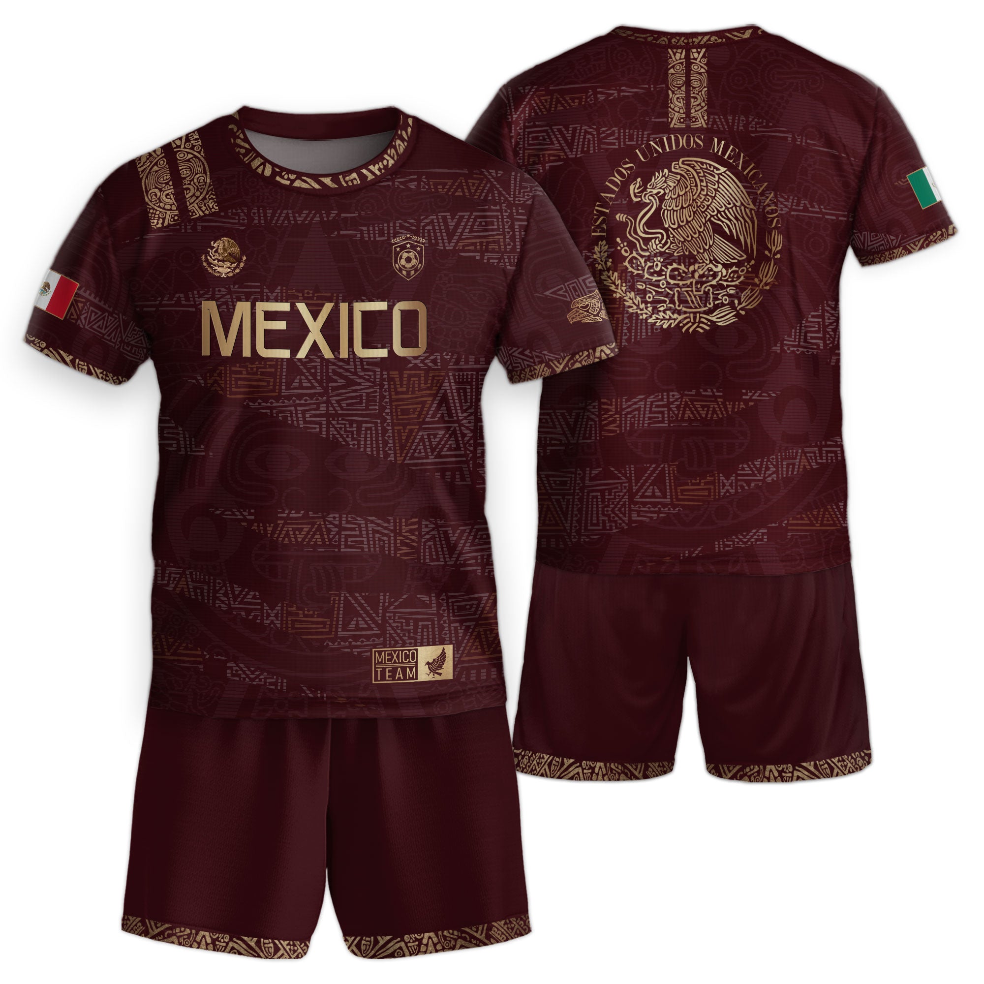 Mexico Kids Soccer Jersey Burgundy Gold Aztec Pattern Crest Design