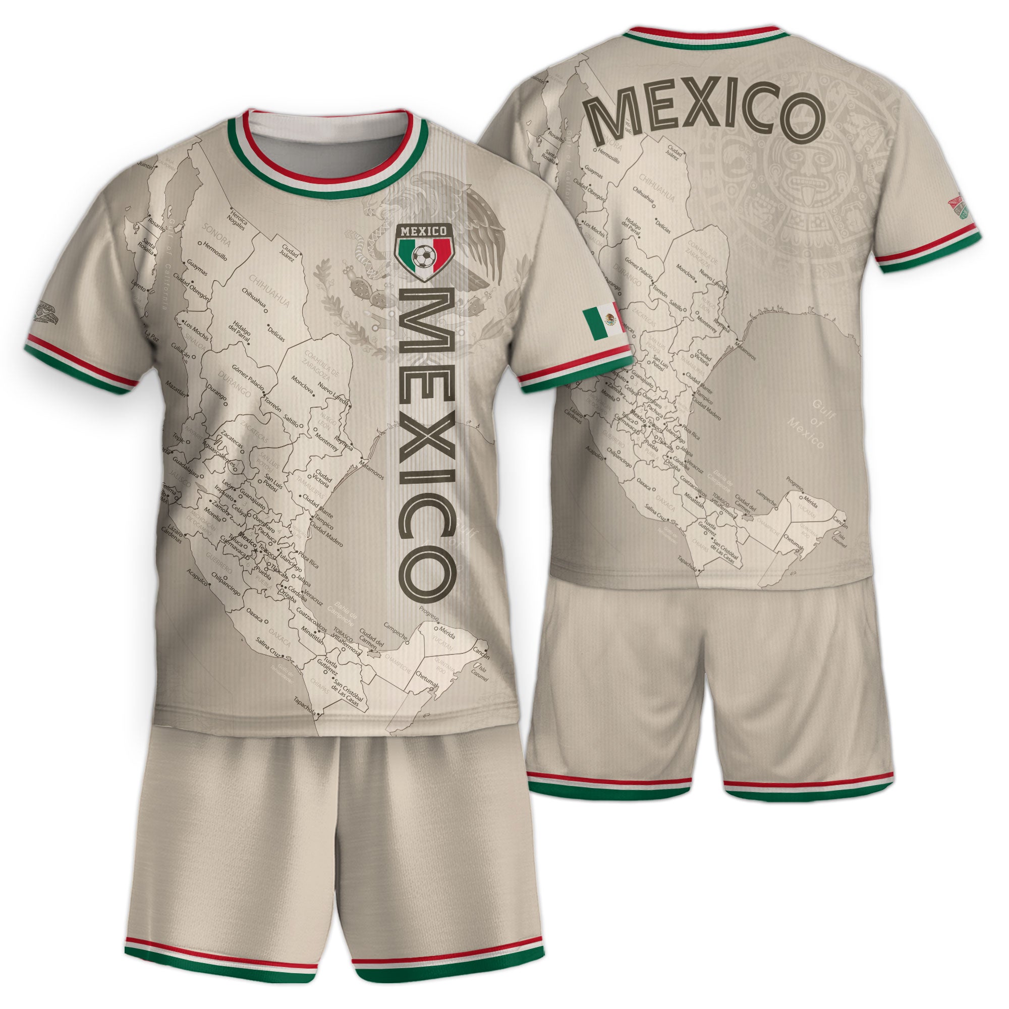 Mexico Kids Soccer Jersey Beige Map Aztec Design