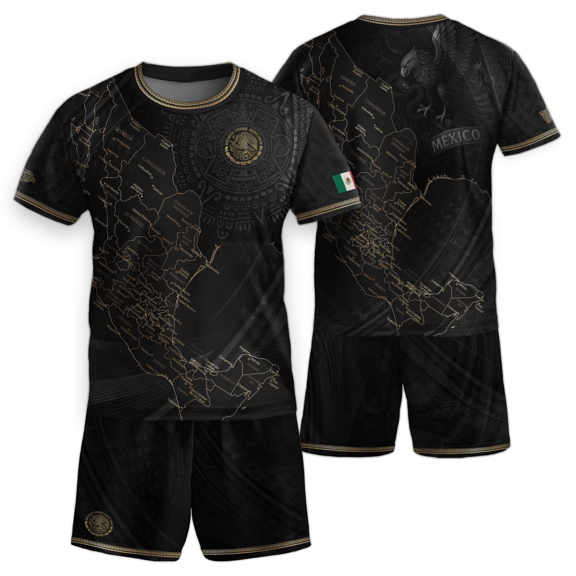 Mexico Kids Soccer Jersey Black Gold Map Aztec Pattern