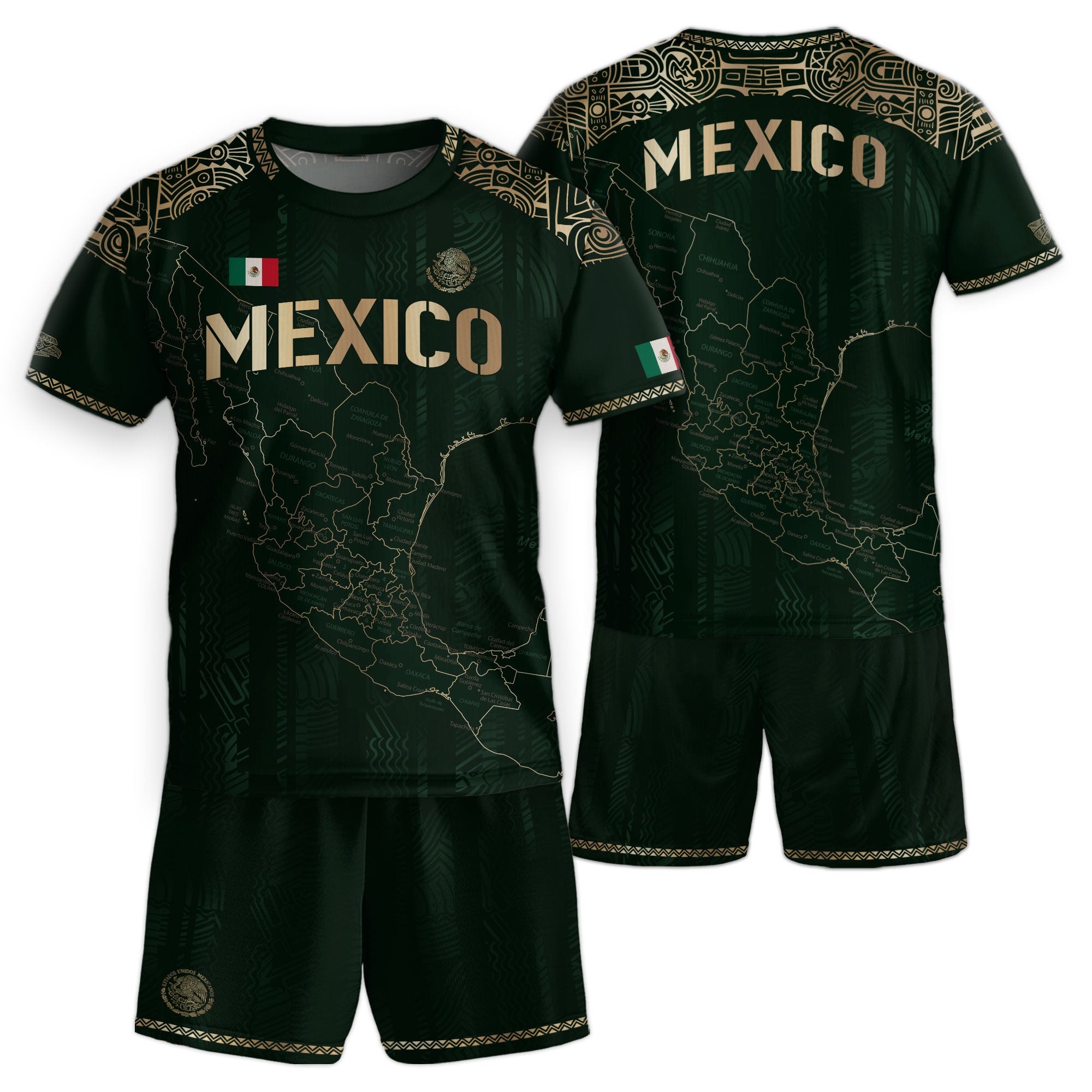 Mexico Kids Soccer Jersey Green Gold Map Aztec Design