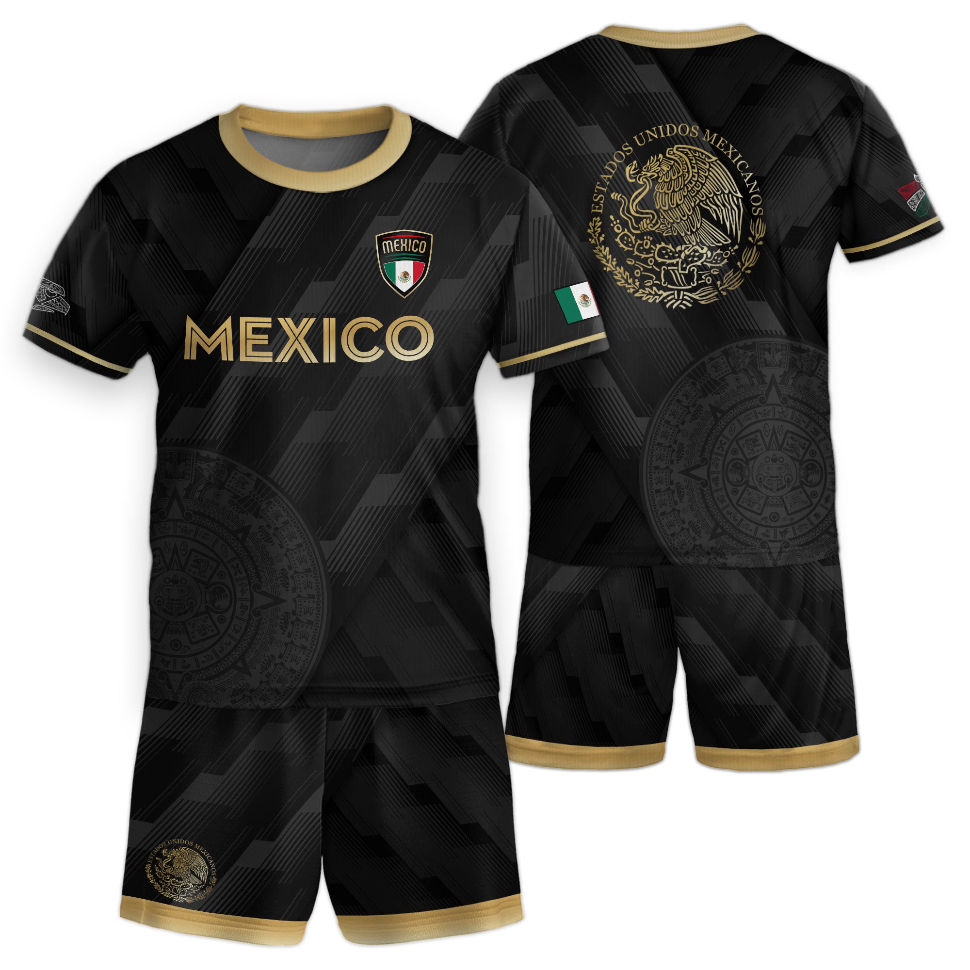 Mexico Kids Soccer Jersey Black Gold Aztec Calendar Crest Design