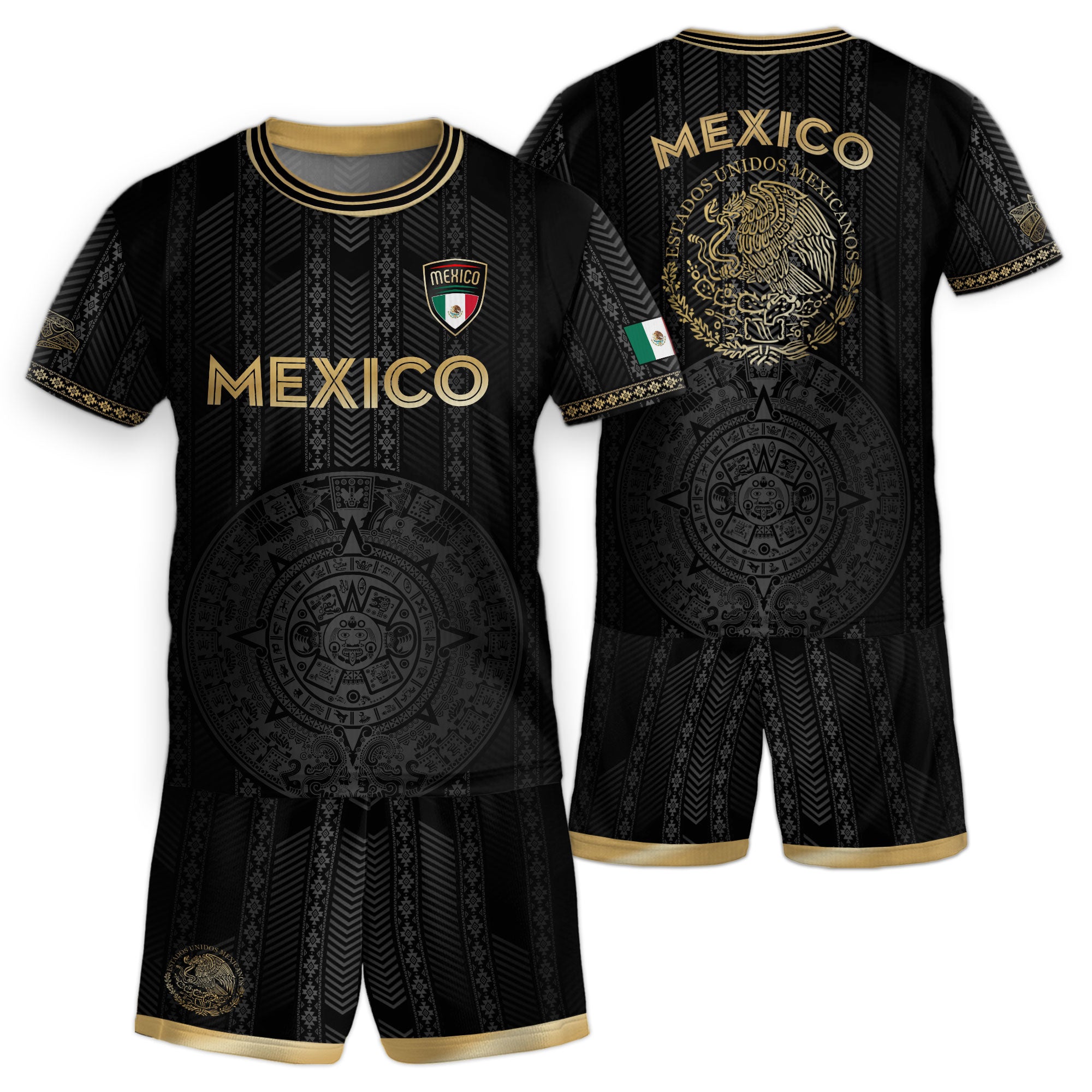 Mexico Kids Soccer Jersey Black Gold Aztec Calendar Design