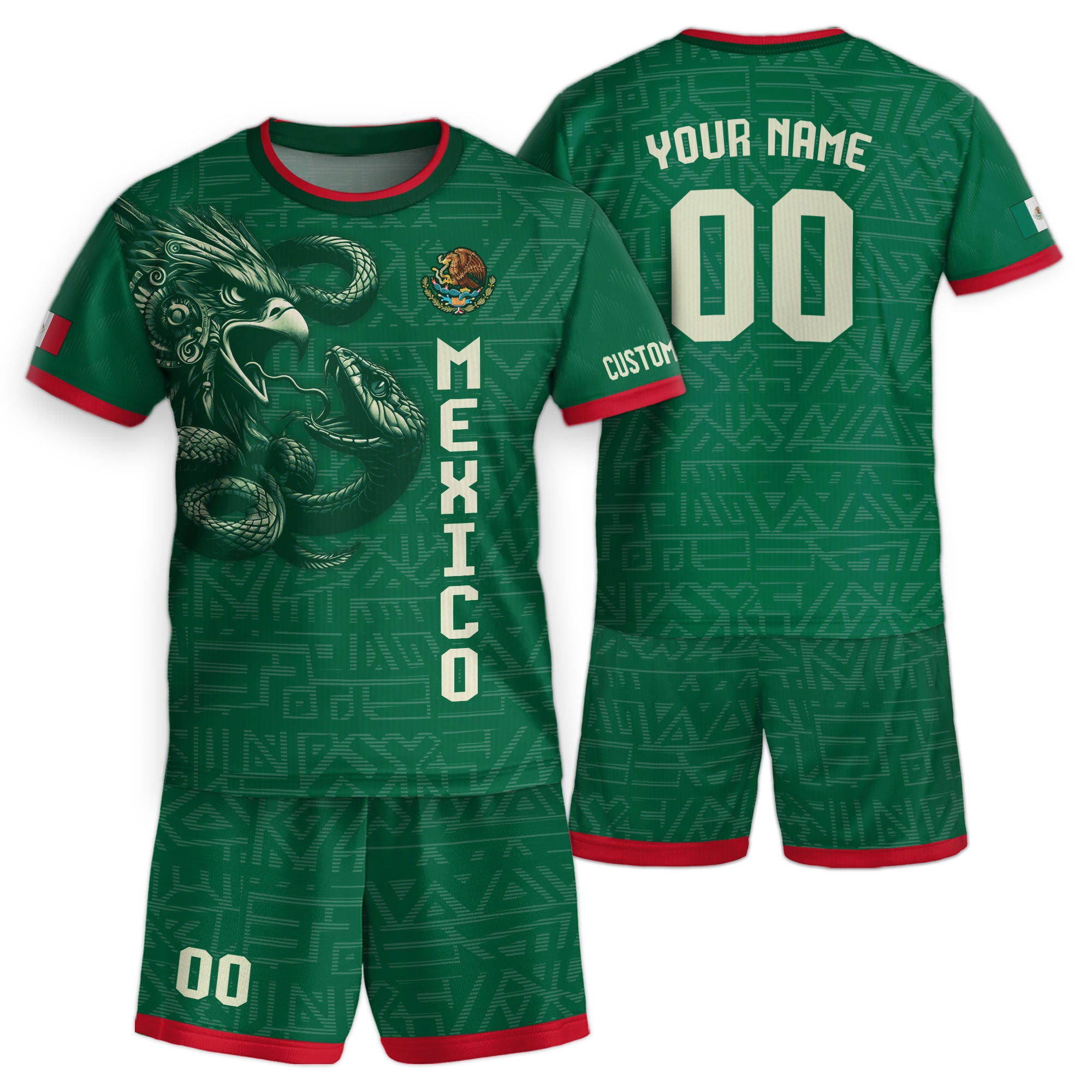 Custom Mexico Kids Soccer Jersey Green Red Aztec Eagle Serpent Design