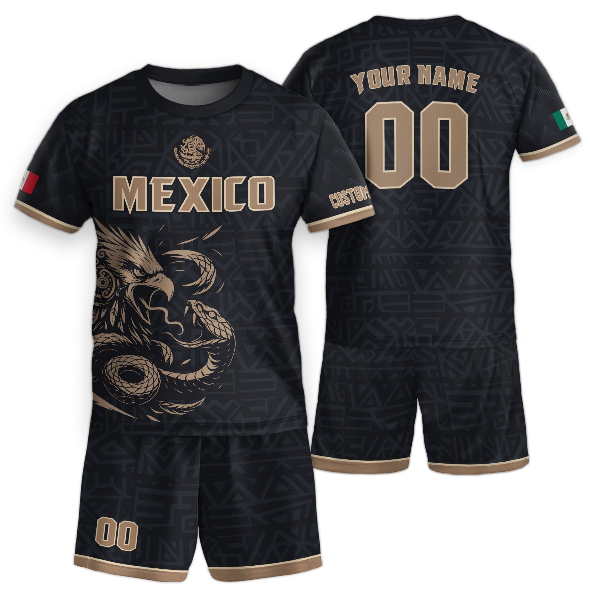Custom Mexico Kids Soccer Jersey Black Gold Aztec Eagle Serpent Design
