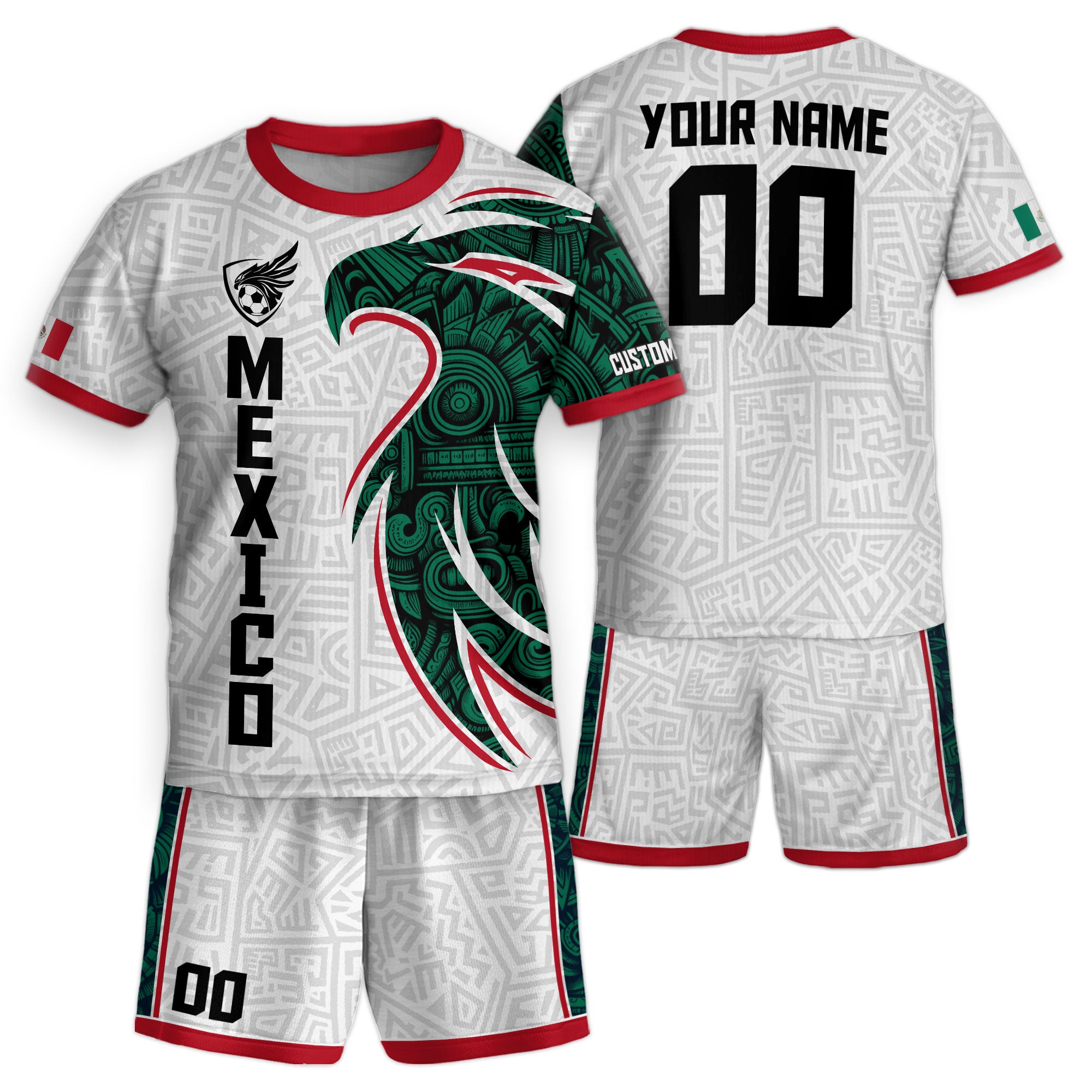 Custom Mexico Kids Soccer Jersey White Green Red Aztec Eagle Design