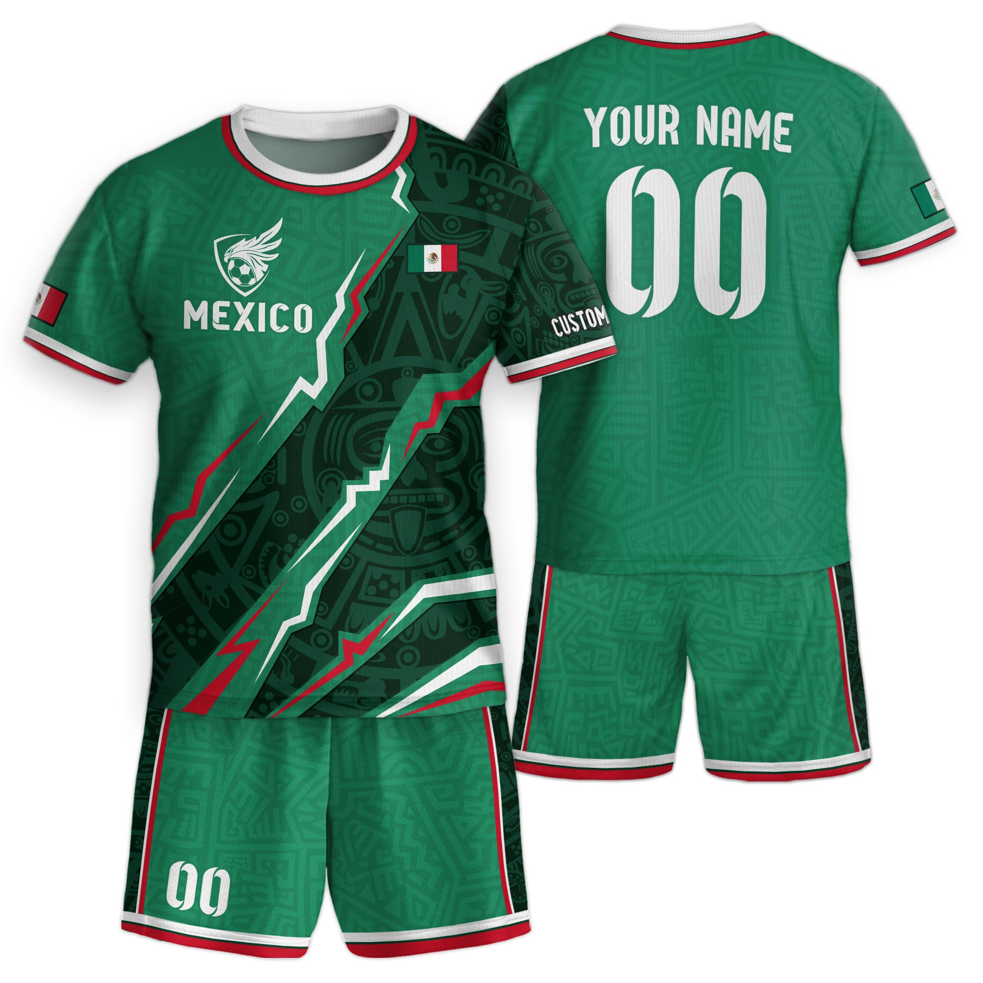 Custom Mexico Kids Soccer Jersey Green Flag Colors Aztec Pattern Design