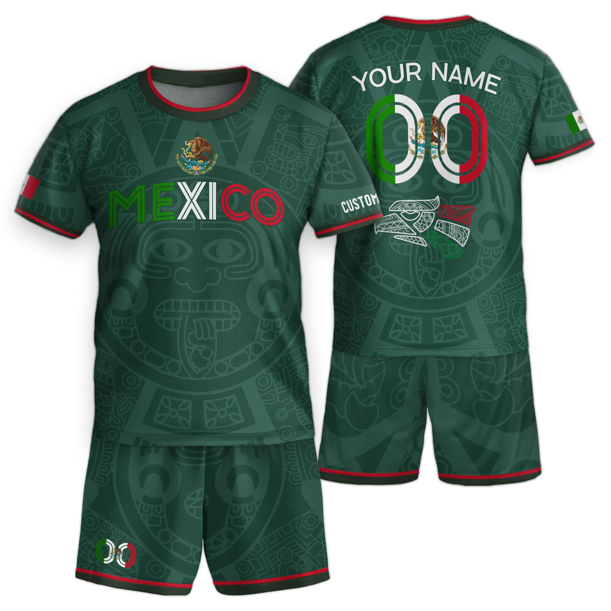 Custom Mexico Kids Soccer Jersey Green Heritage Flag Aztec Pattern Design