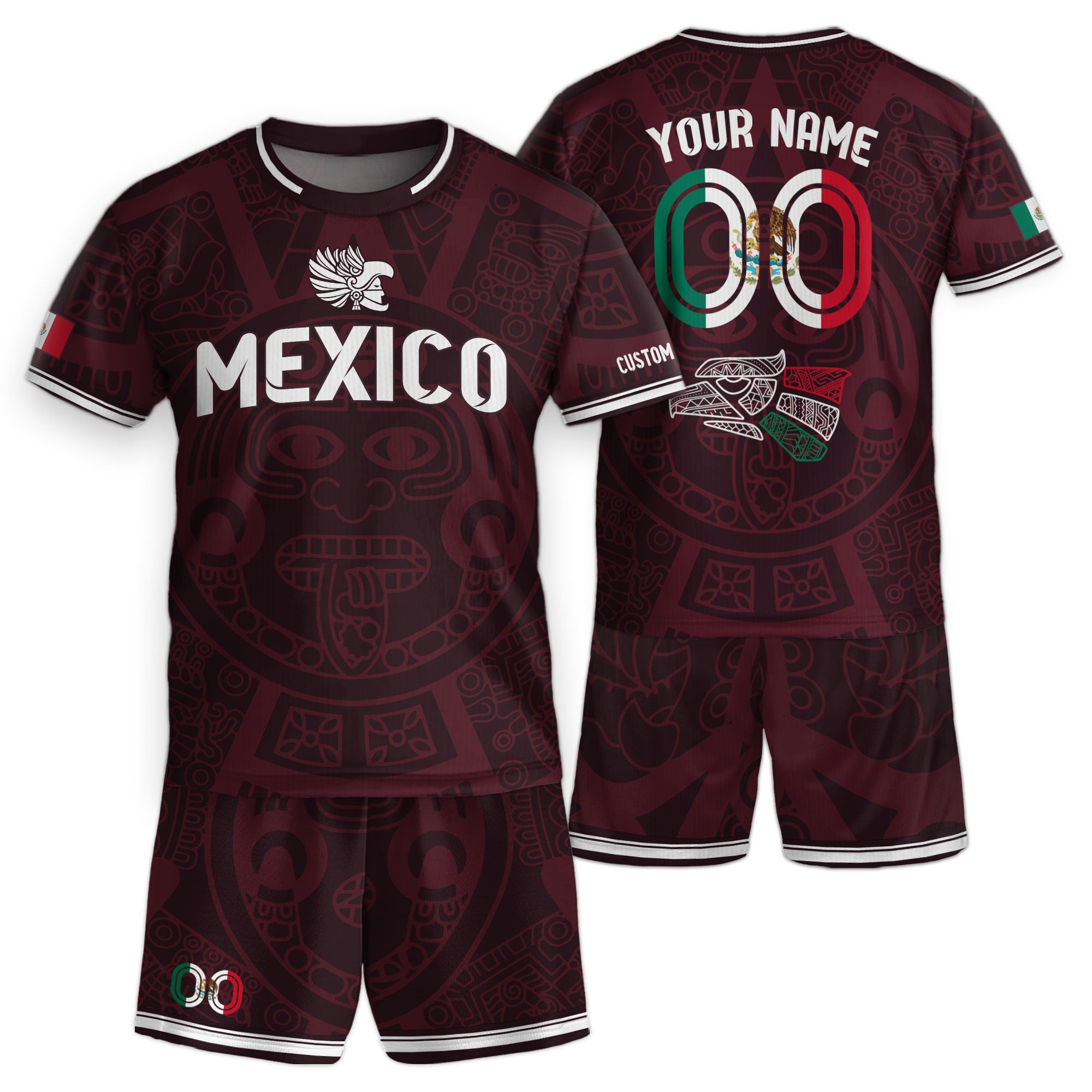 Custom Mexico Kids Soccer Jersey Burgundy Heritage Flag Aztec Pattern Design