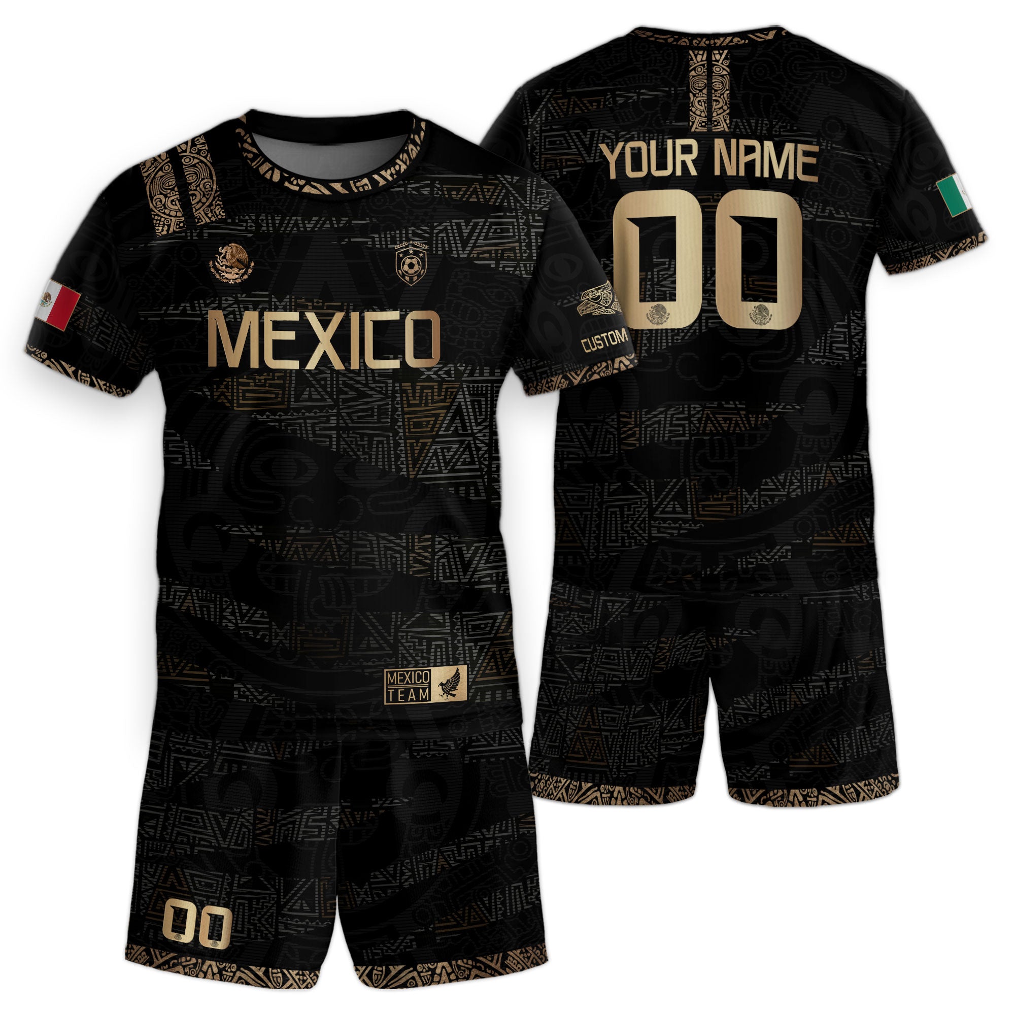 Custom Mexico Kids Soccer Jersey Black Gold Team Edition with Aztec Pattern