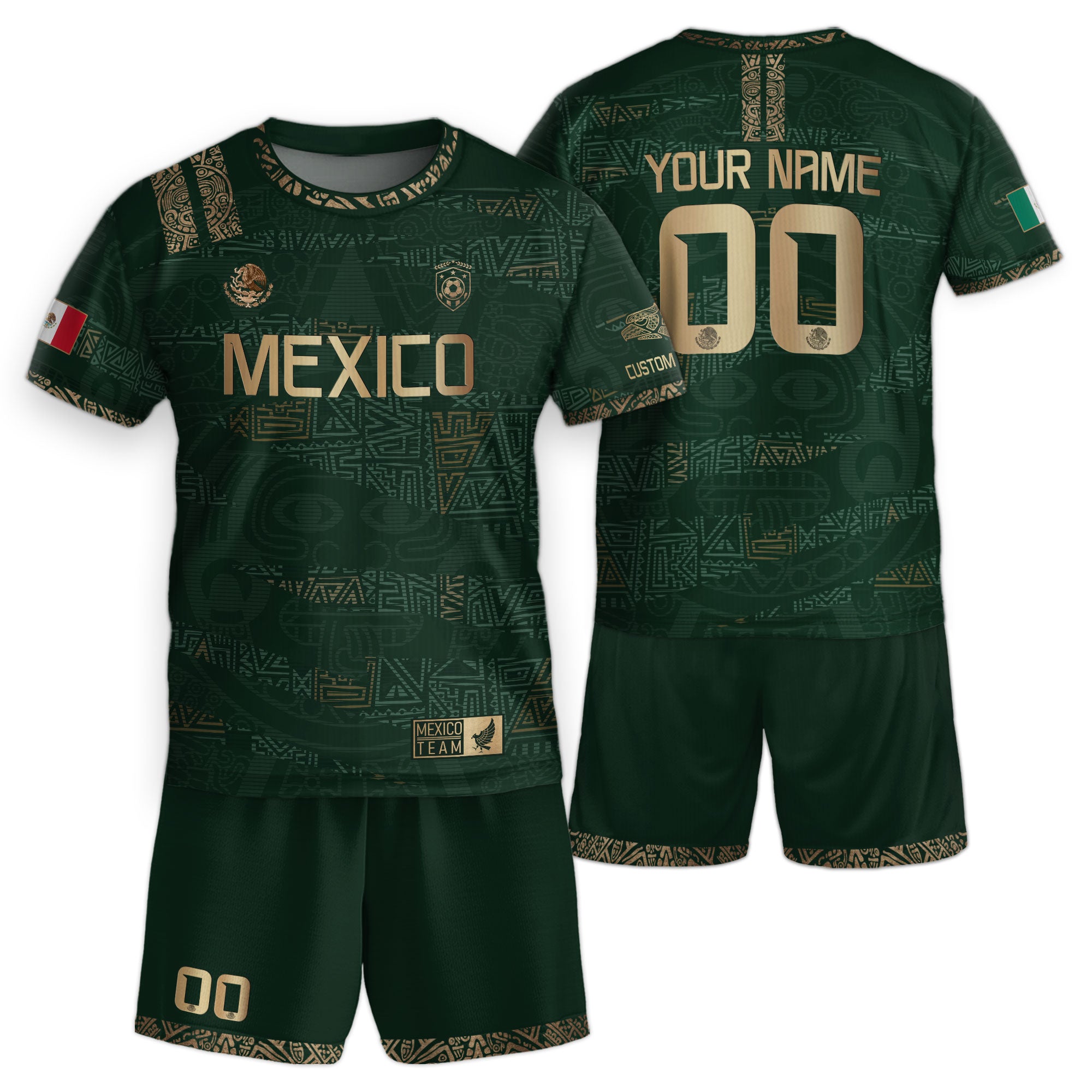 Custom Mexico Kids Soccer Jersey Green Gold Team Edition with Aztec Pattern Design