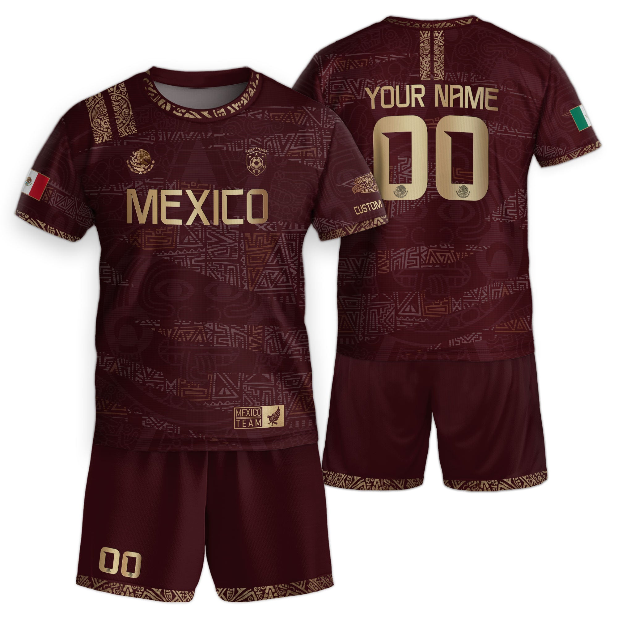 Custom Mexico Kids Soccer Jersey Burgundy Gold Team Edition with Aztec Pattern Design