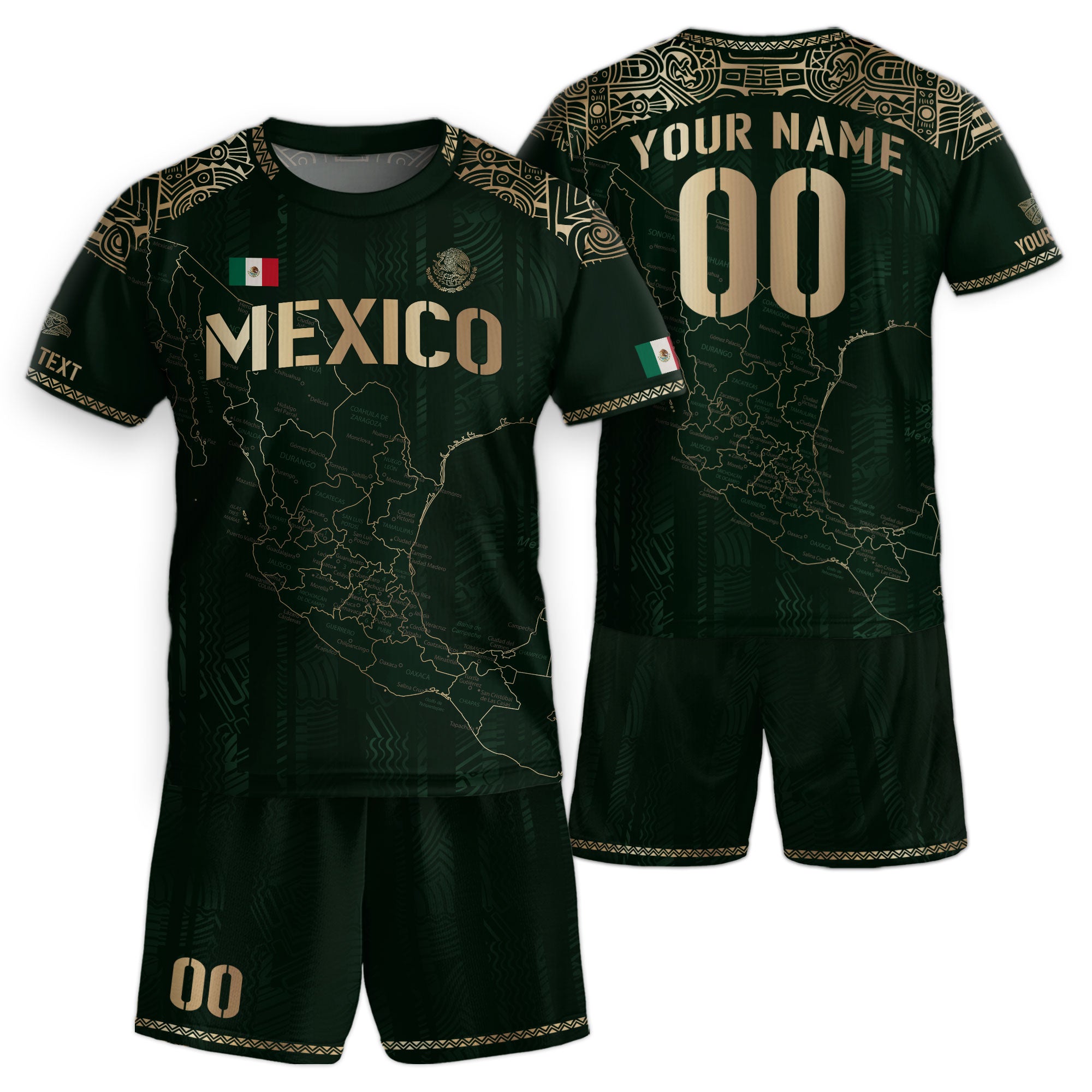 Custom Mexico Kids Soccer Jersey Green Gold Heritage Map Design