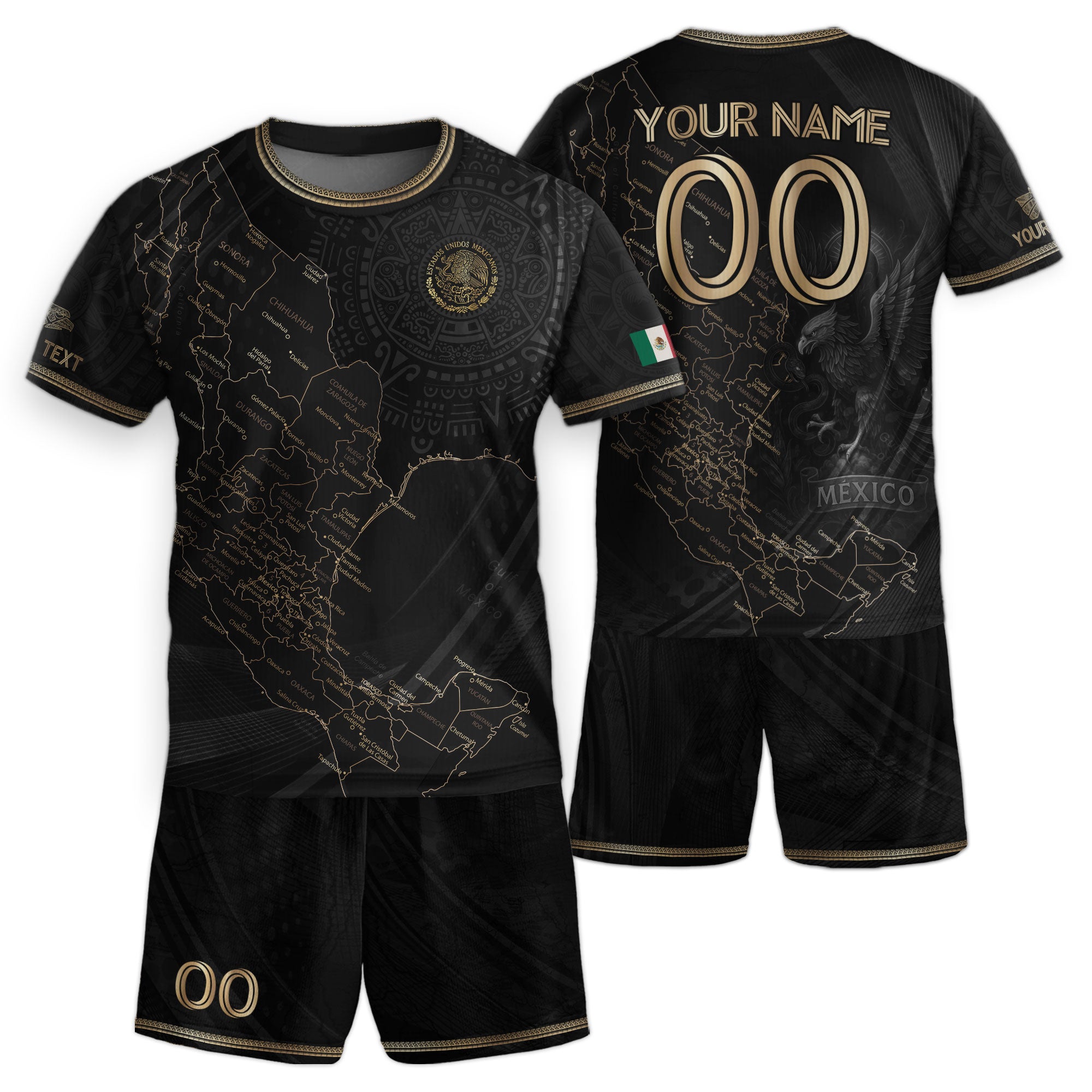 Custom Mexico Kids Soccer Jersey Black Gold Heritage Map Design
