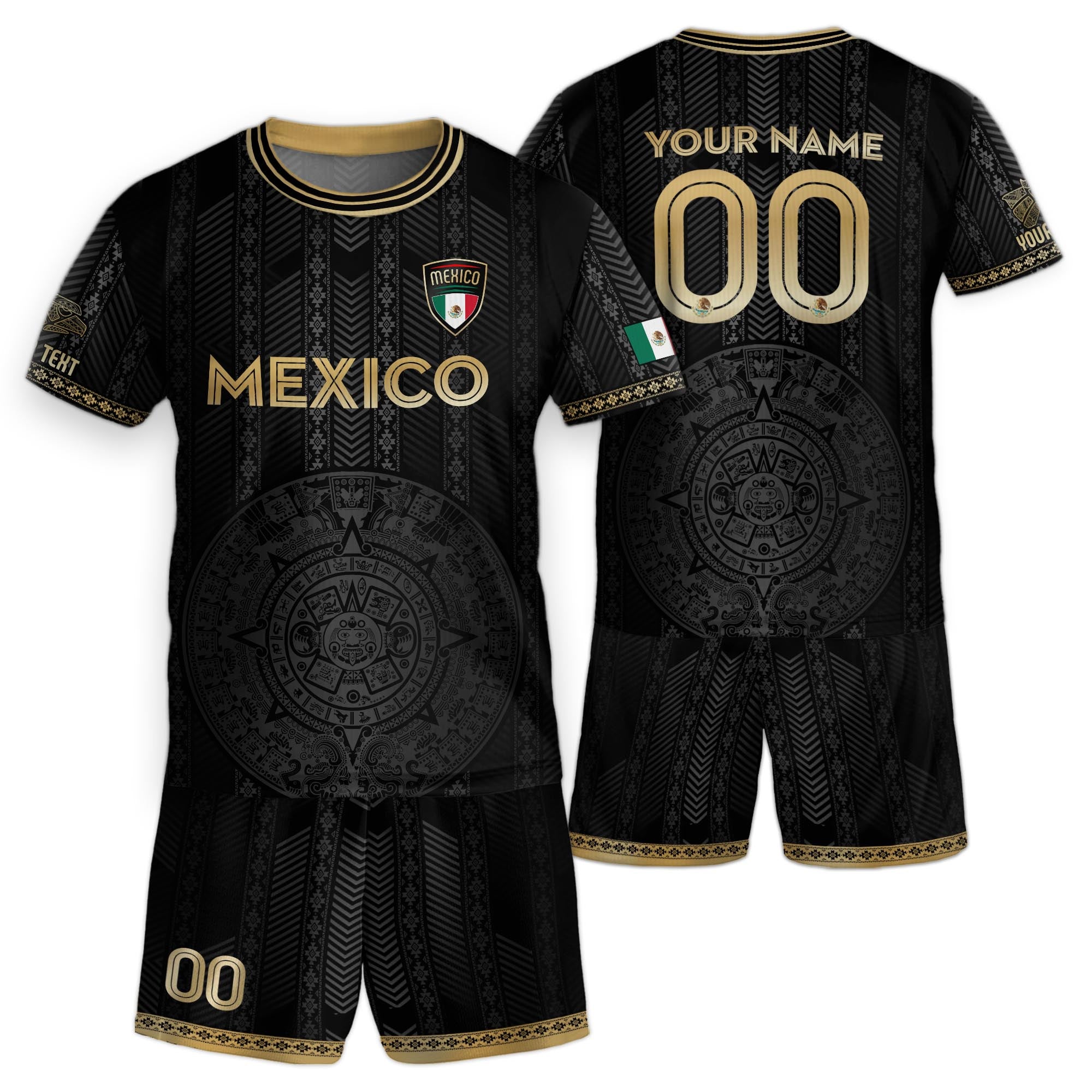 Custom Mexico Kids Soccer Jersey Black Gold Aztec Calendar Design
