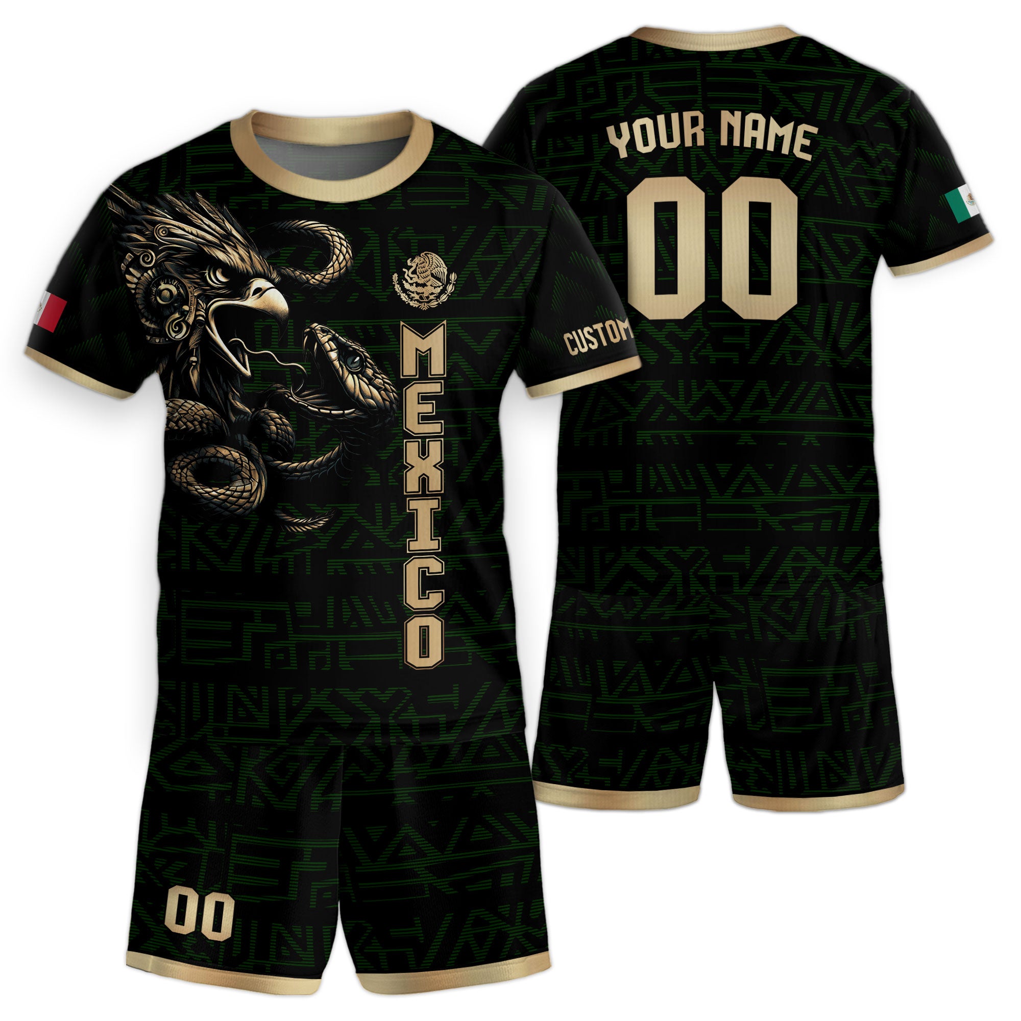 Custom Mexico Kids Soccer Jersey Black Gold Aztec Eagle & Serpent Design