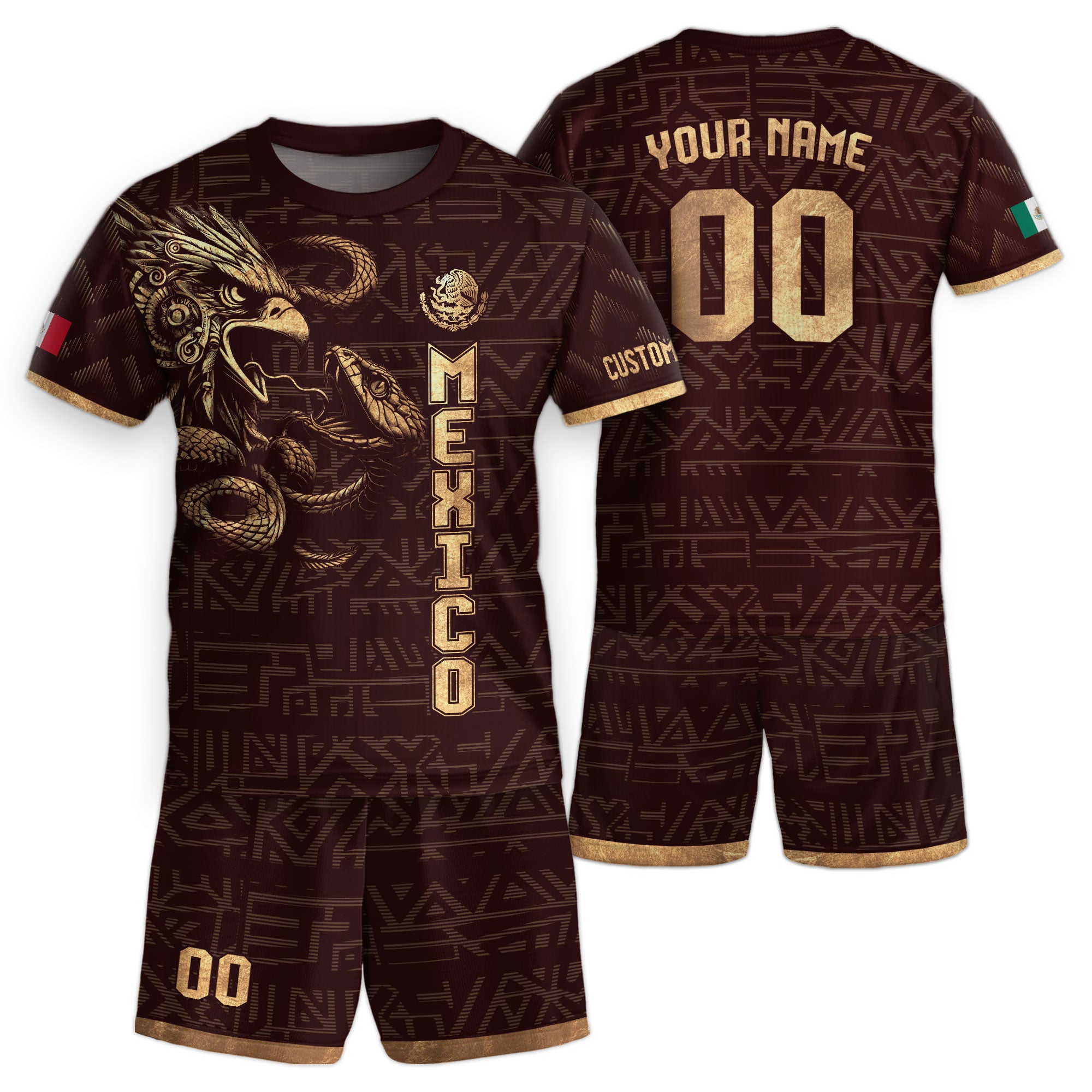 Custom Mexico Kids Soccer Jersey Burgundy Gold Aztec Eagle & Serpent Design