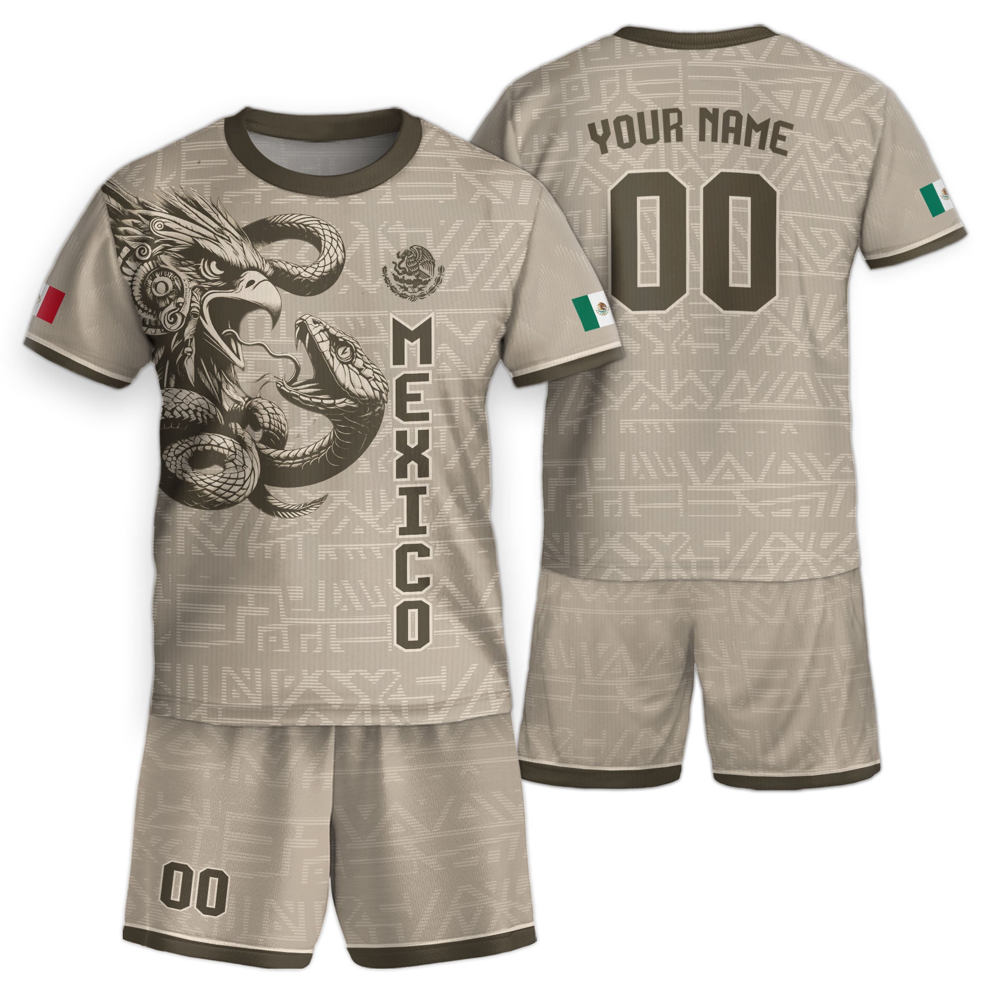 Custom Mexico Kids Soccer Jersey Beige Aztec Eagle & Serpent Heritage Design